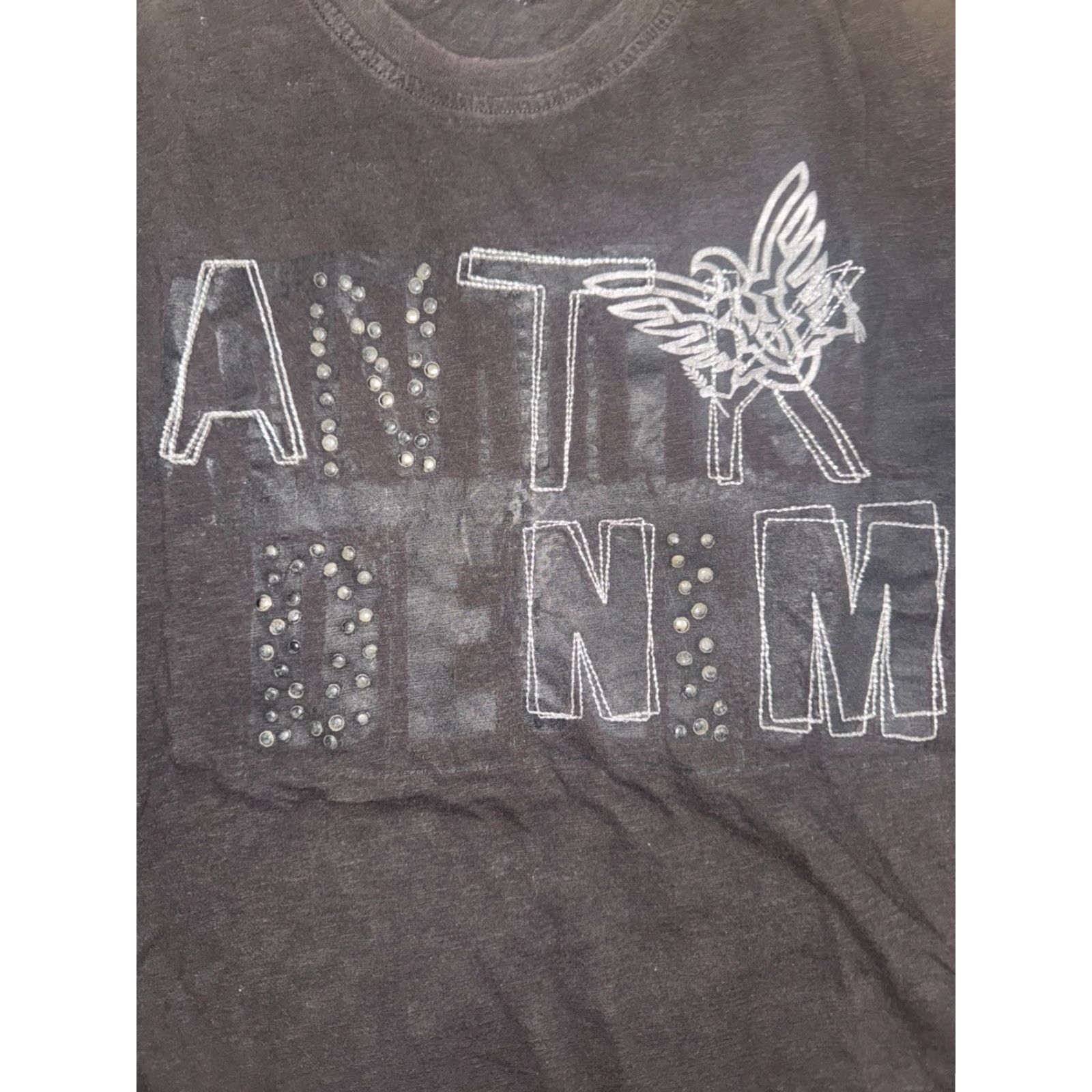 Denime VINTAGE Anti Denim T-Shirt Black XXL 22x29 Motorcycle Graphic Rhinestone Y2K 90s Grunge Harley Grit Americana Mens Shirt Size US XXL / EU 58 / 5 - 2 Thumbnail