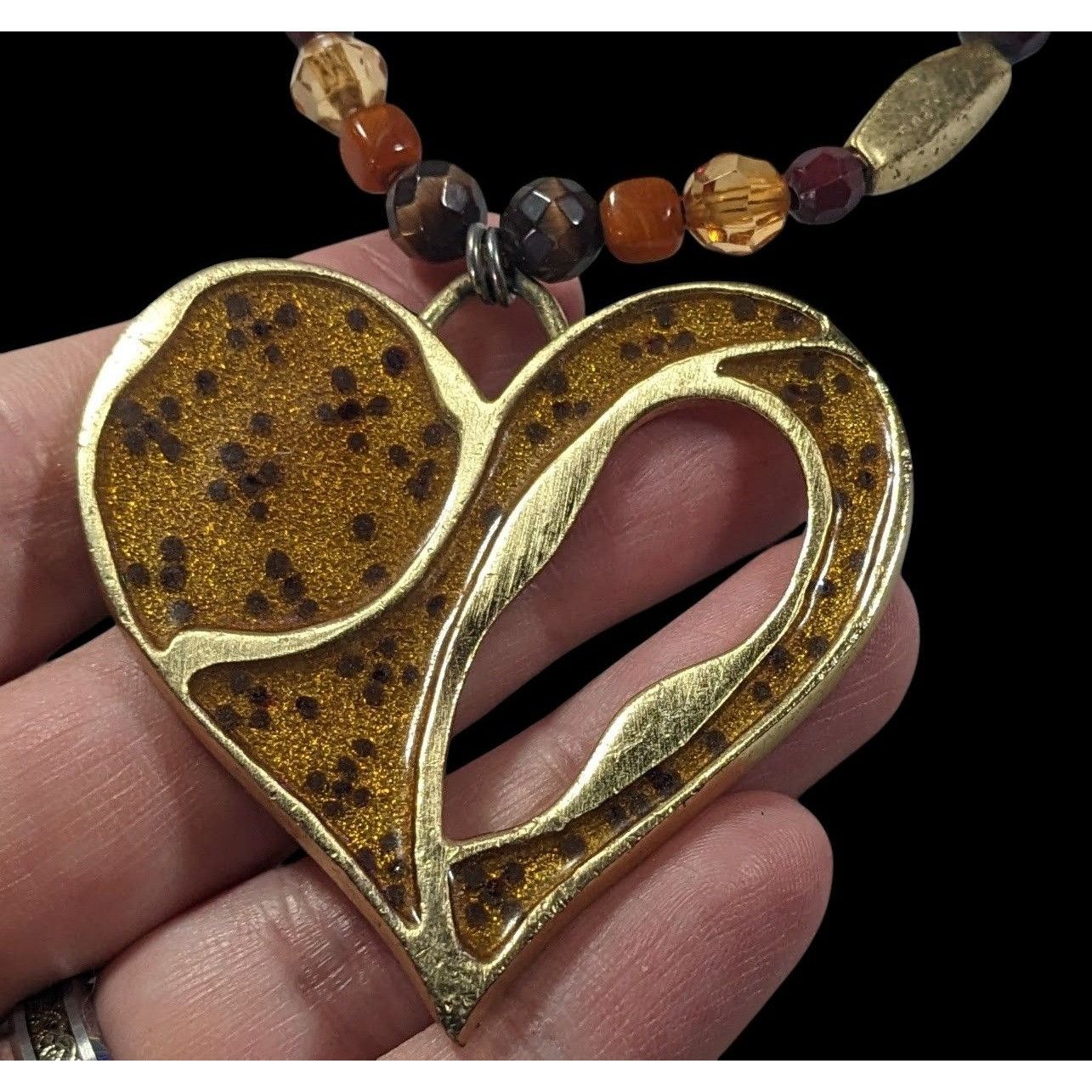 Other Chunky Unique Heart Pendant Necklace Brown And Gold Tone Wit Size ONE SIZE - 2 Thumbnail