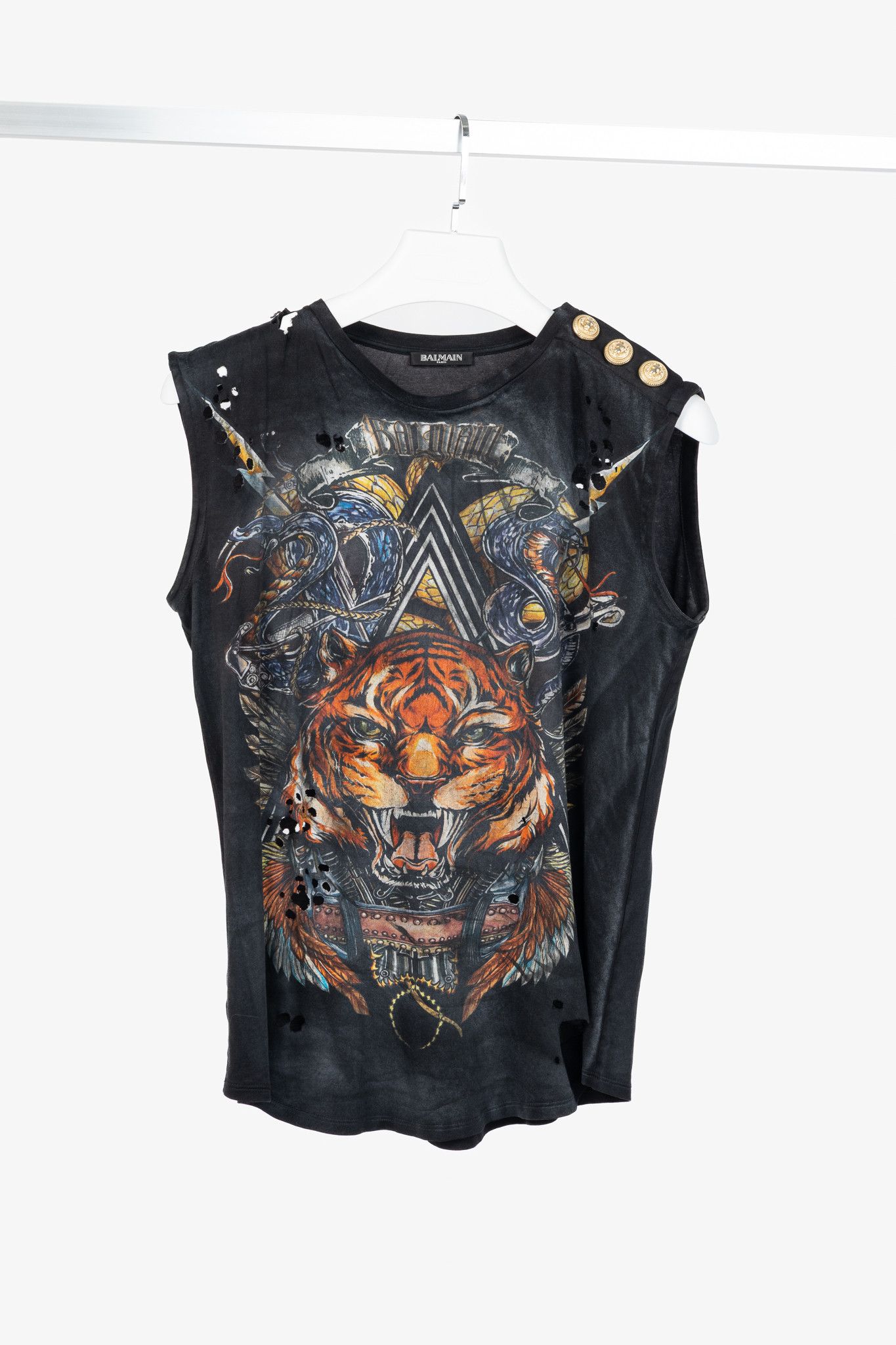 Balmain Balmain Black Cotton Distressed 3-Button Graphic Tank Size M / US 6-8 / IT 42-44 - 1 Thumbnail