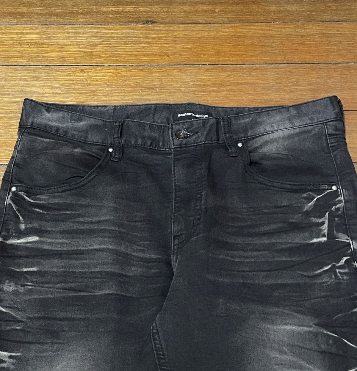 14th Addiction Very Rare Vintage Semantic Design Strip Waxed Jeans 2000s Size US 33 - 3 Thumbnail