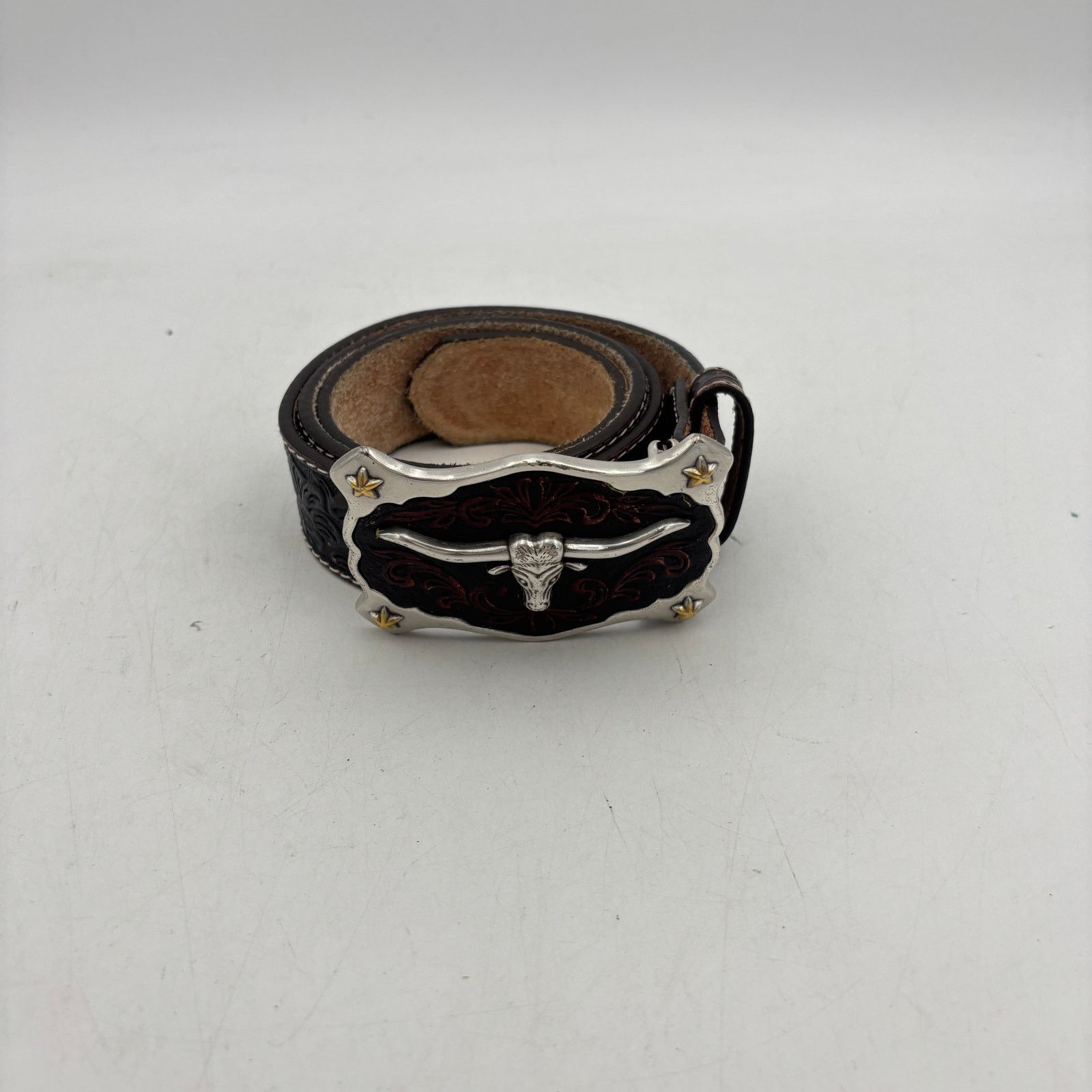 Justin Justin Classic Longhorn Tooled Leather Western Belt USA 36 Size 36 - 2 Thumbnail