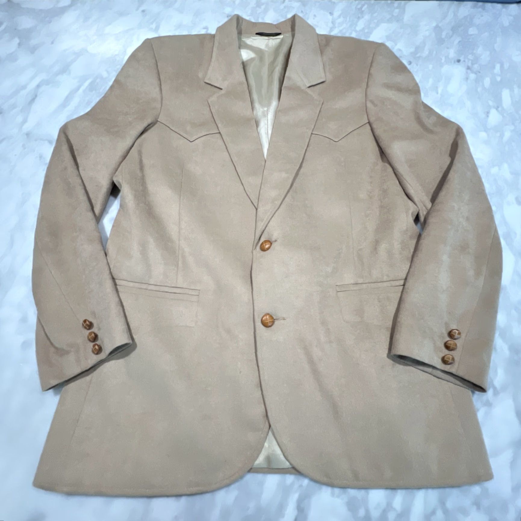 Camel VINTAGE Pioneer Wear Western Jacket Blazer Mens 44L Camel Polyester Rockabilly Long USA Jacket Adult Mens 80s Size 44R - 2 Thumbnail