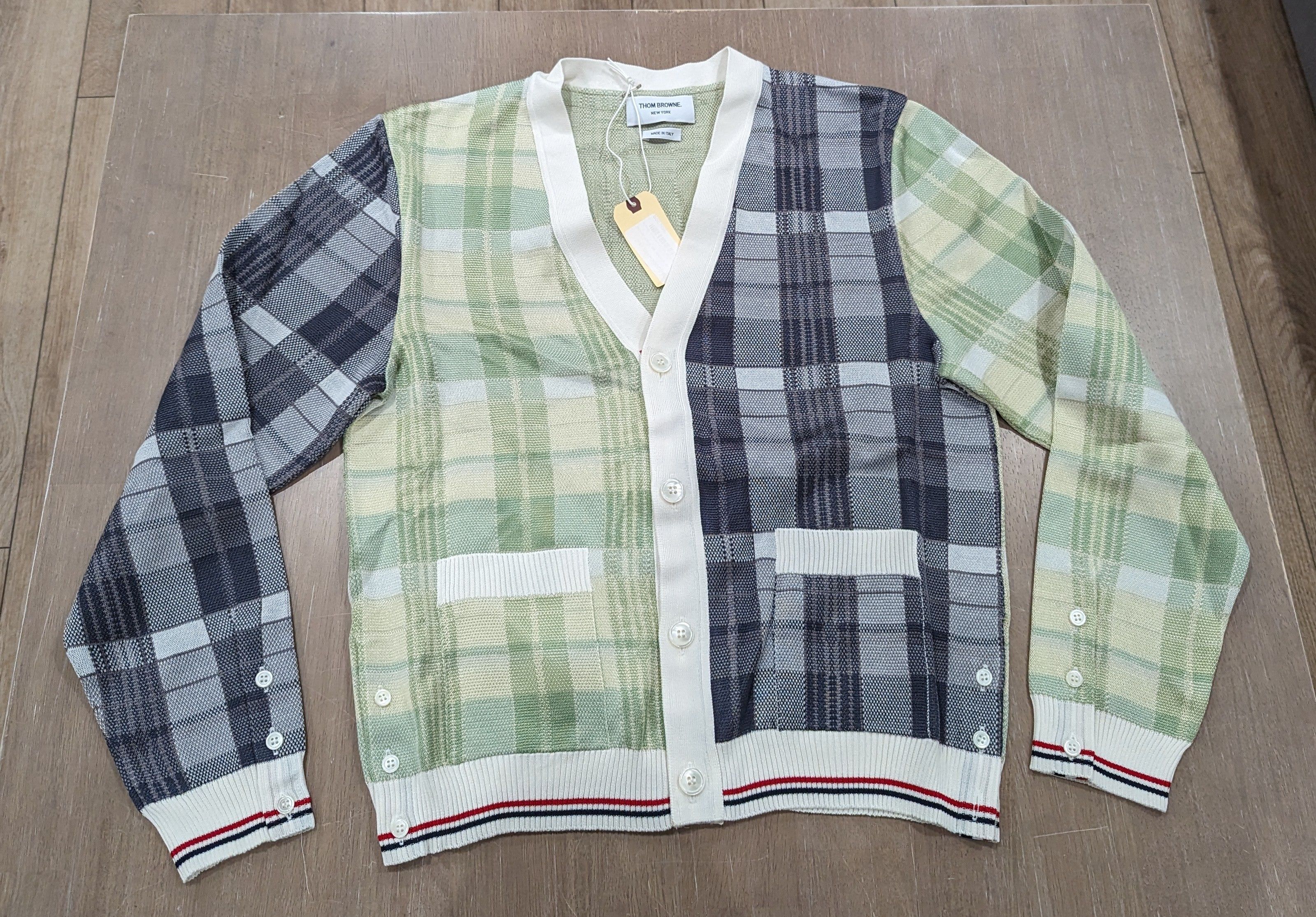 image of Thom Browne Rwb Stripe Silk/cotton Cardigan Sweater 4 Us XL in Blue/Green/White, Men's