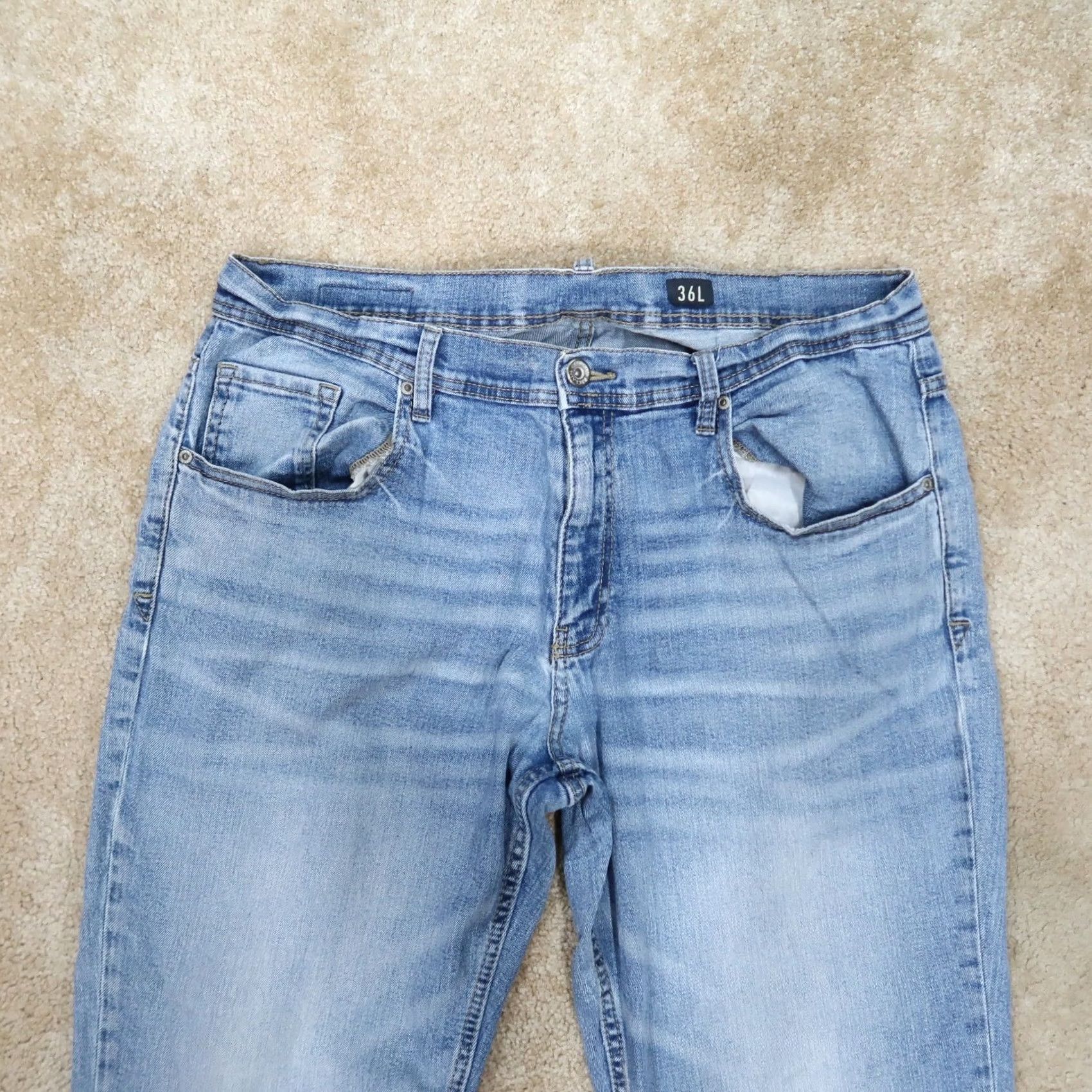 Denime Reclaim Jeans Regular Straight Men 36x34 Denim Blue Stretch Cotton Blend 5-Pocket Zipper Belt Loops Logo Distressed Light Wash Mens Size US 36 / EU 52 - 2 Thumbnail