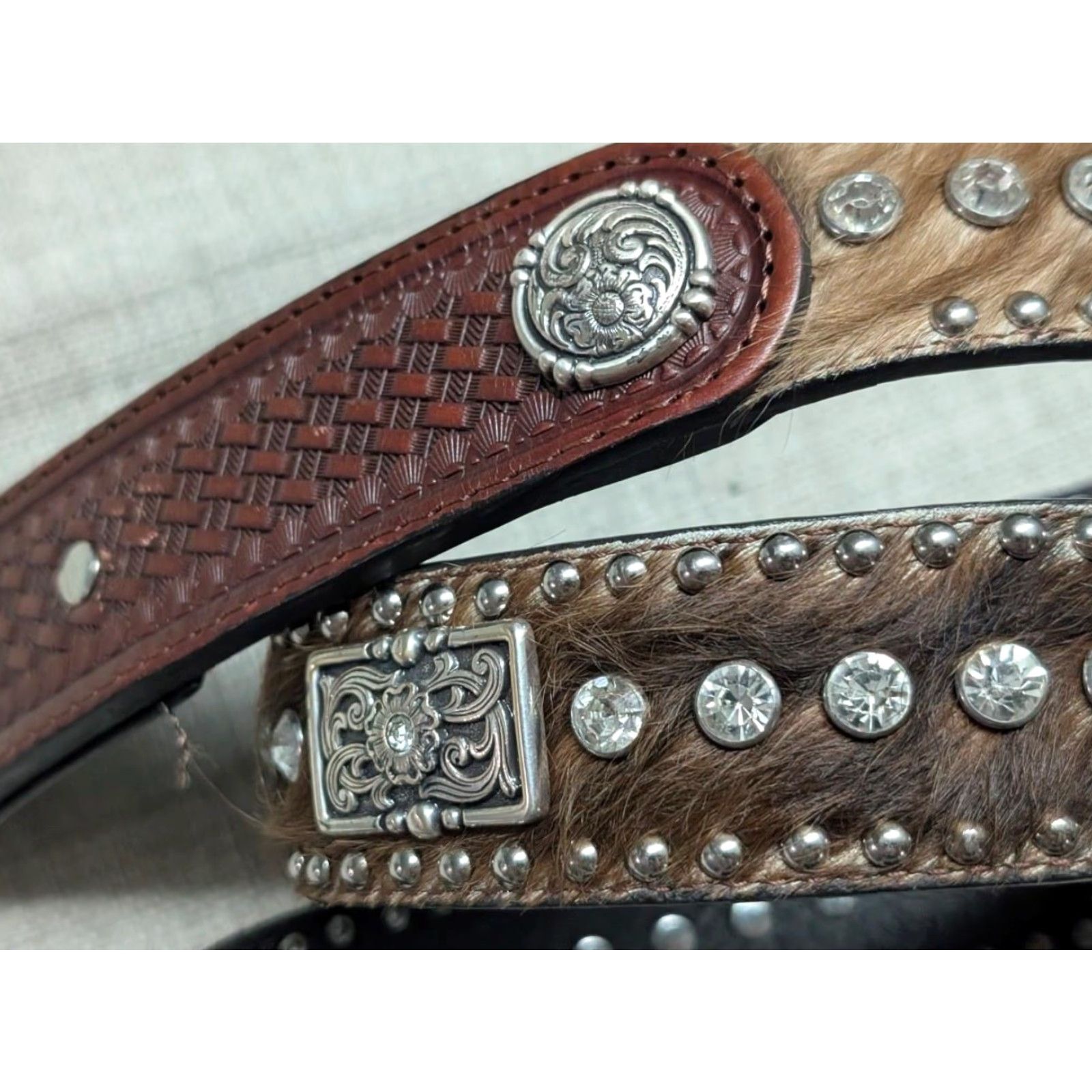 Vintage VINTAGE Ranger Western Belt belt Men 42 Brown Leather Studded Rhinestone Cowhair Concho 1-1/2" Western 90s Mens Size 42 - 2 Thumbnail