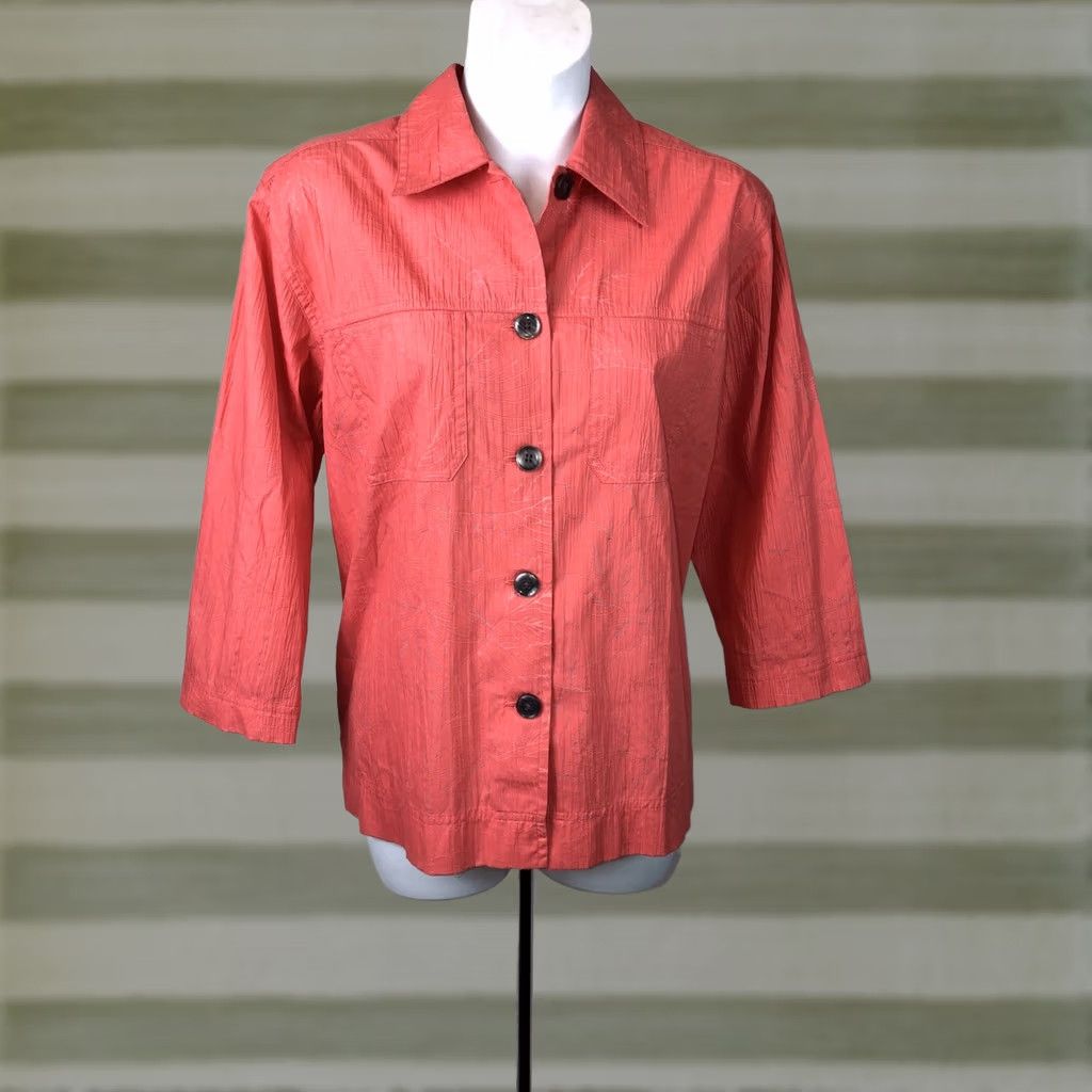 Vintage Karen Scott Top S Orange/Gray Floral ButtonUp 3/4sleeve Collar Pocket Blouse Women Size S / US 4 / IT 40 - 1 Thumbnail