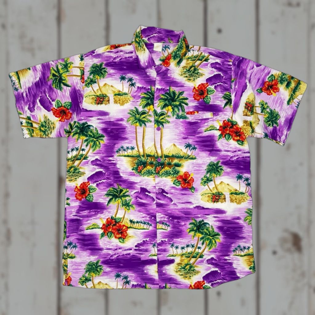 Erima VINTAGE RIMA Purple Hawaiian Button-Up Shirt Men’s Medium Regular Button-Down Collared Short Sleeve Floral Palm Tree Sunset Size US M / EU 48-50 / 2 - 1 Thumbnail