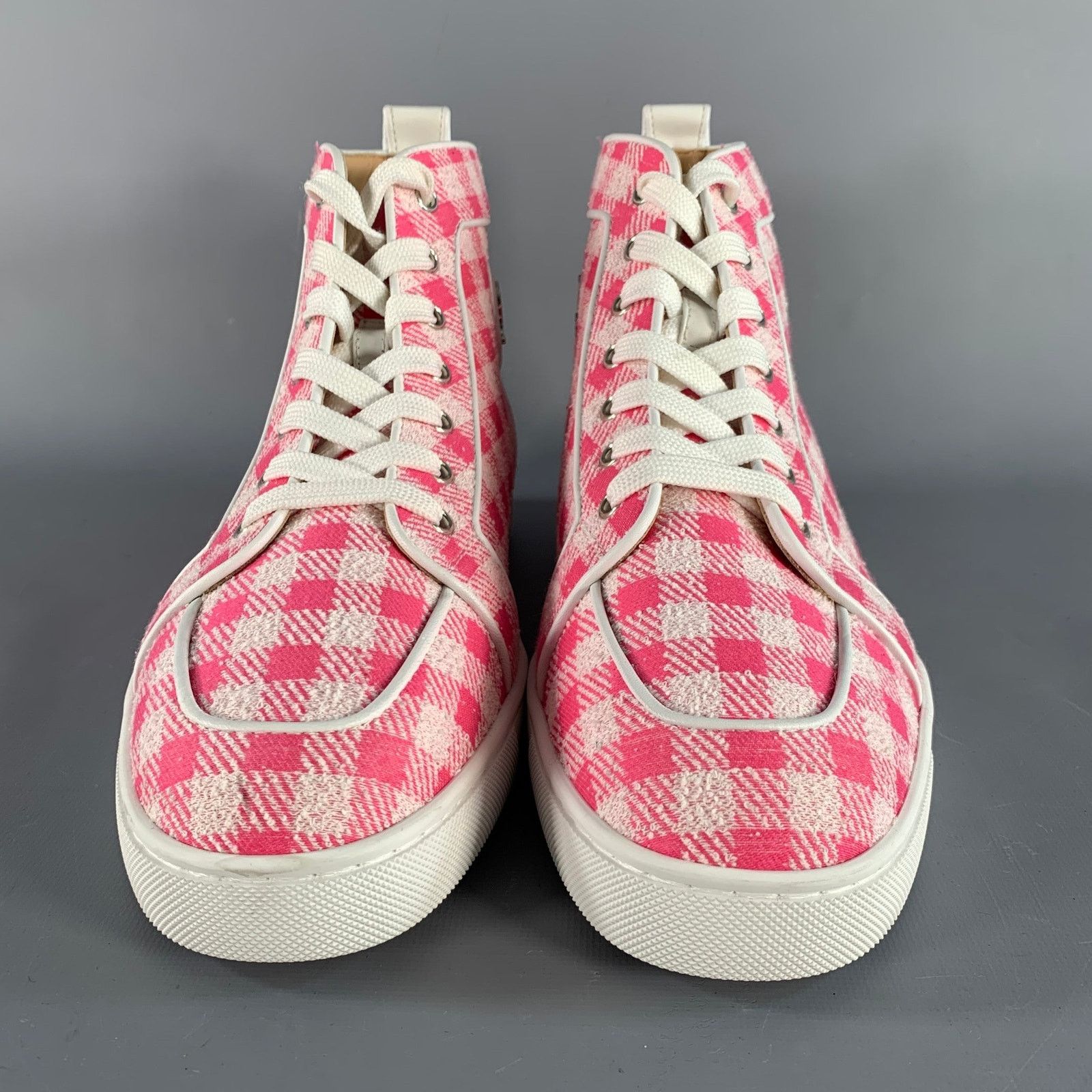 Christian Louboutin Size 9 Pink White Checkered Fabric High Top Sneakers Size US 9 / EU 42 - 4 Thumbnail