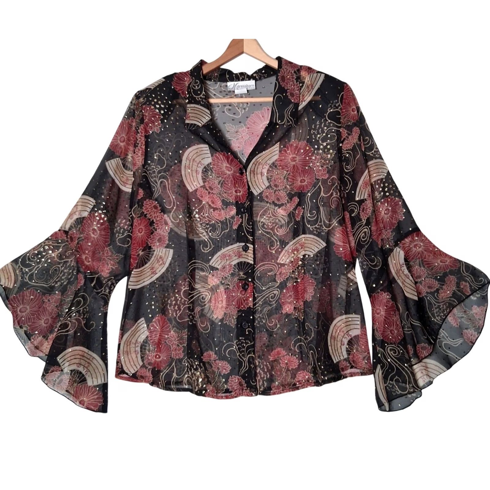 Vintage VINTAGE Dressbarn Blouse Plus Size 18/20 Sheer Black Metallic Gold Floral Bell Sleeve Peasant Bohemian Y2K Fashion Women Mens? Size XXL / US 16-18 / IT 52-54 - 2 Thumbnail