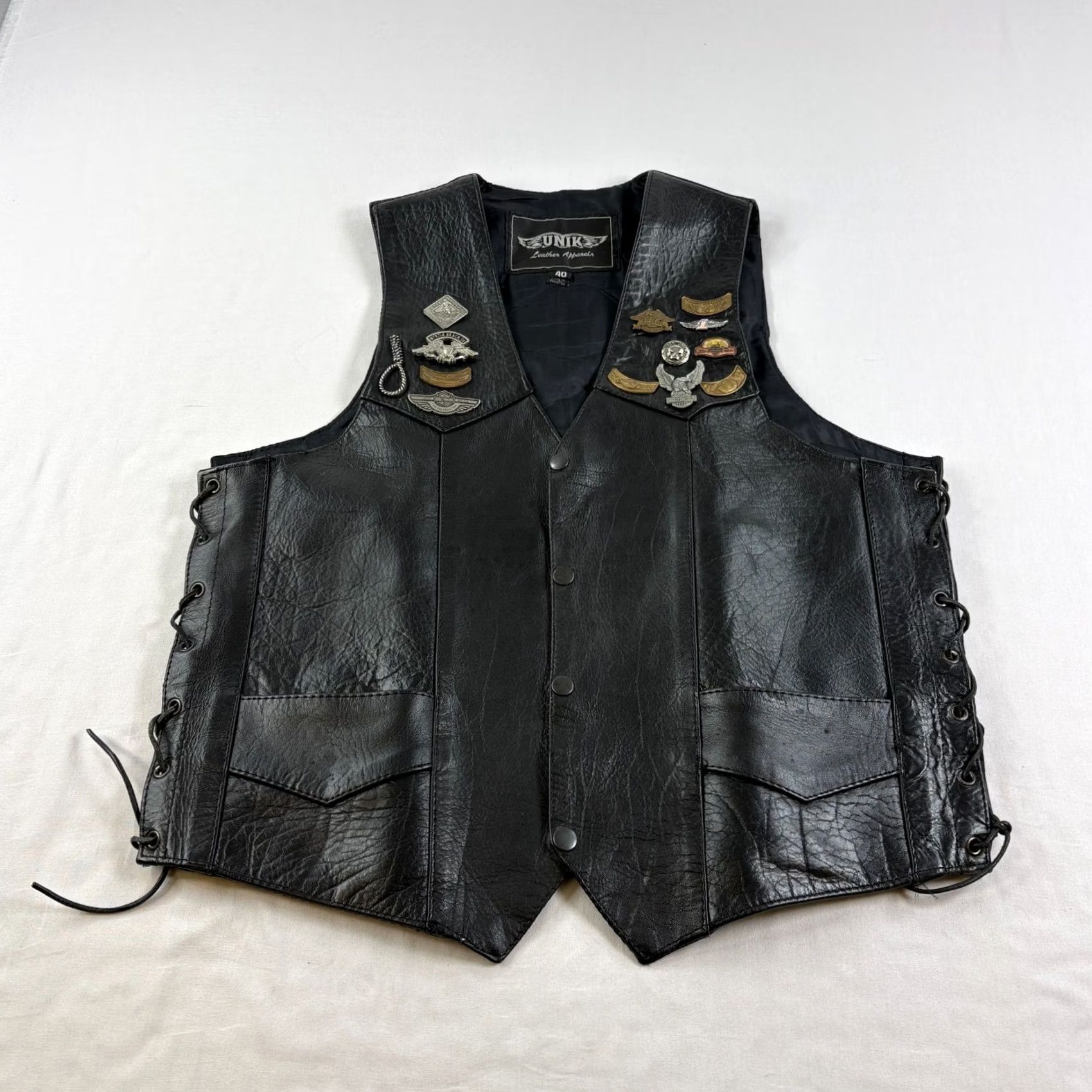 Vintage Unik Leather Vest Mens Size 40 Black Motorcyle Jacket Riding Patch Sleeveless Size US XXS / EU 40 - 2 Thumbnail