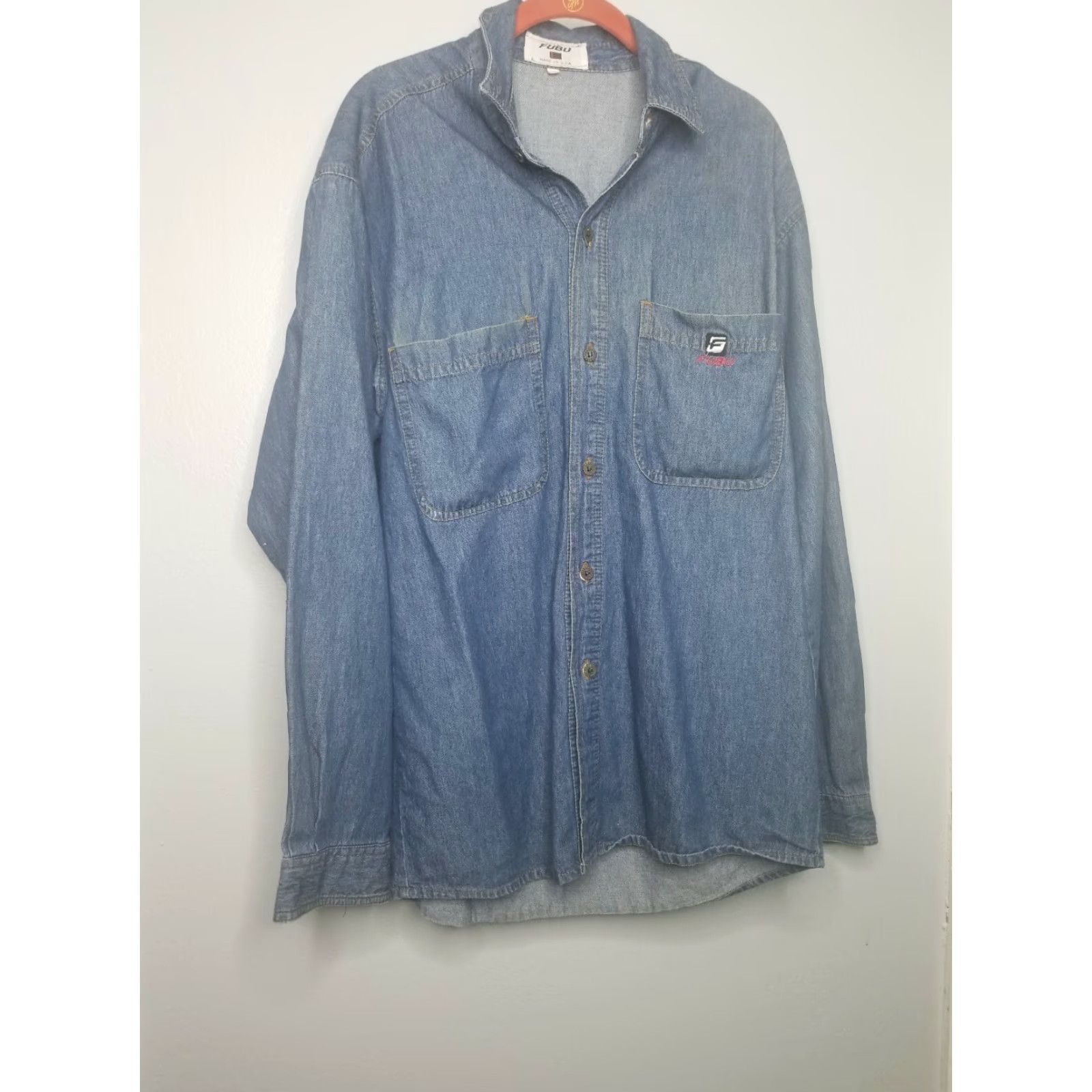 Fubu VINTAGE FUBU Button-Up Shirt Denim 90s Blue Red USA Mens L / Button Front / Long Sleeve / 100% Cotton / Spell Out / Solid / Country of Origin USA Size US L / EU 52-54 / 3 - 5 Thumbnail