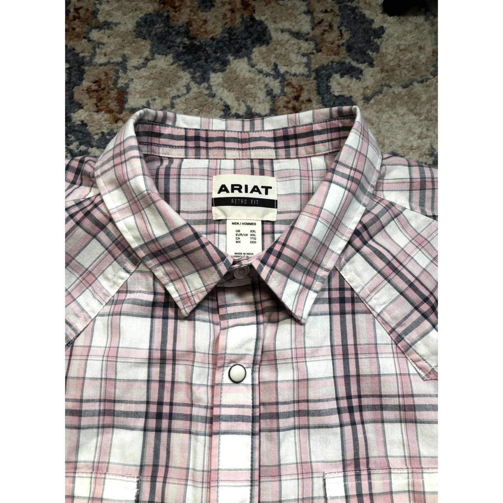 Ariat Ariat Shirt Mens 2XL Pink White Plaid Retro Fit Short Sleeve Western Pearl Snap Shirt Size US XXL / EU 58 / 5 - 2 Thumbnail