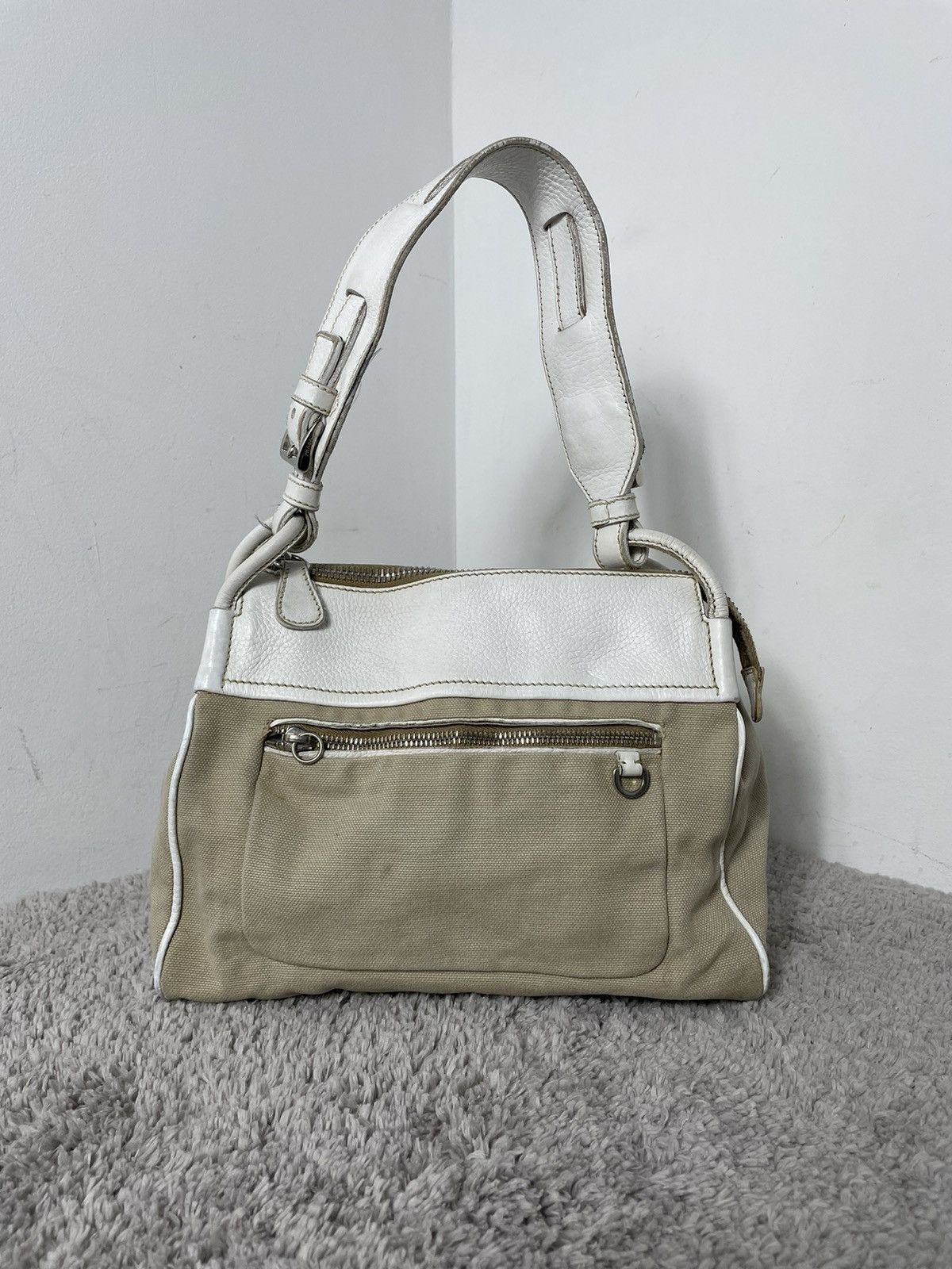 Prada Very Rare Prada Leather CANVAS SHOULDER BAG BEIGE Size ONE SIZE - 8 Thumbnail