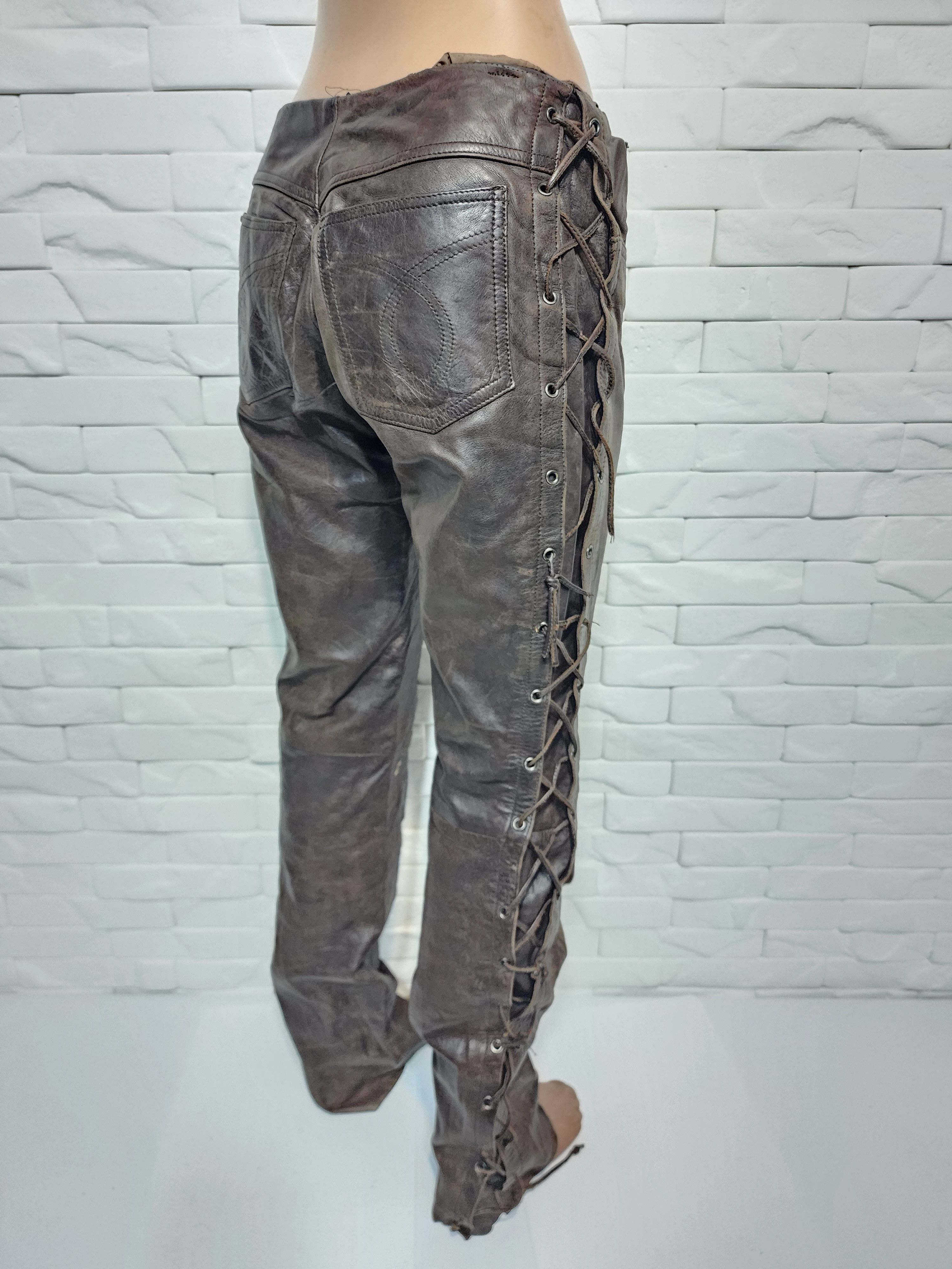 Genuine Leather Brown Leather Motorcycle Pants with Lacing Size US 28 / EU 44 - 5 Thumbnail