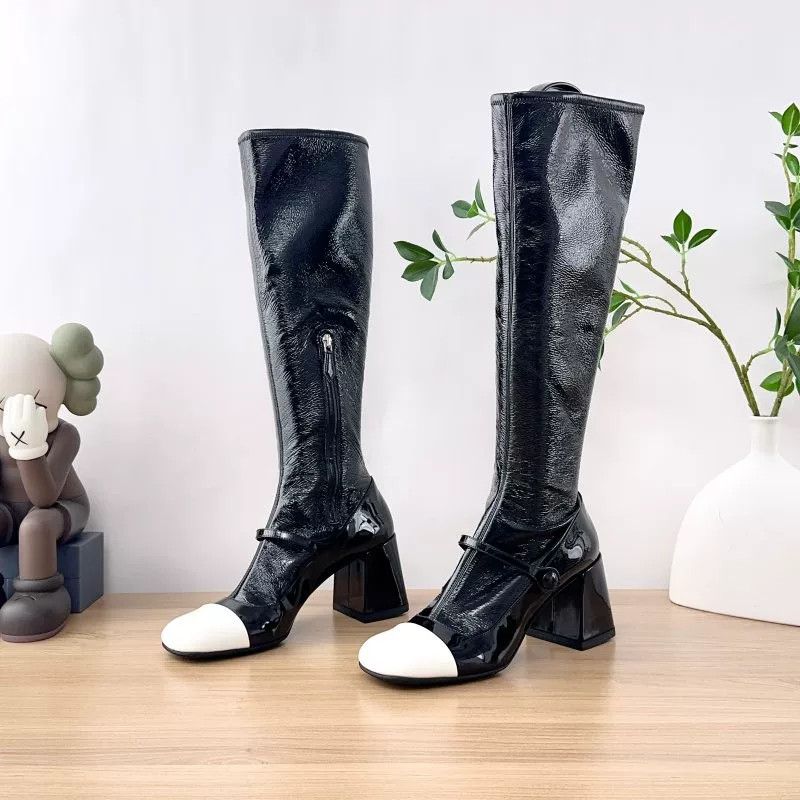 MiuMiu Black White Patent Leather Knee-High Boots
