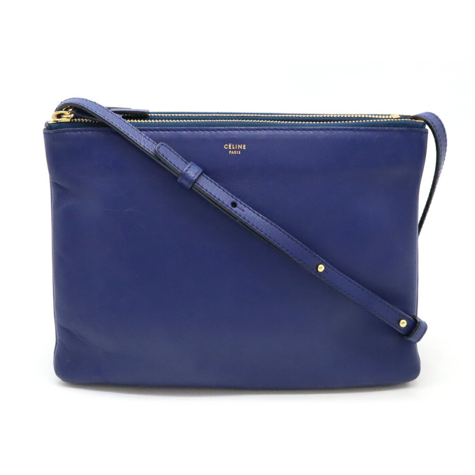 Celine Trio Large Shoulder Bag Pochette Pouch Leather Navy 171453 in Blue, Women's