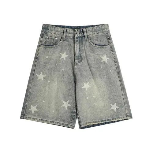 Japanese Brand × Jean Star print washed distressed wide-leg denim shorts Size US 32 / EU 48 - 1 Thumbnail