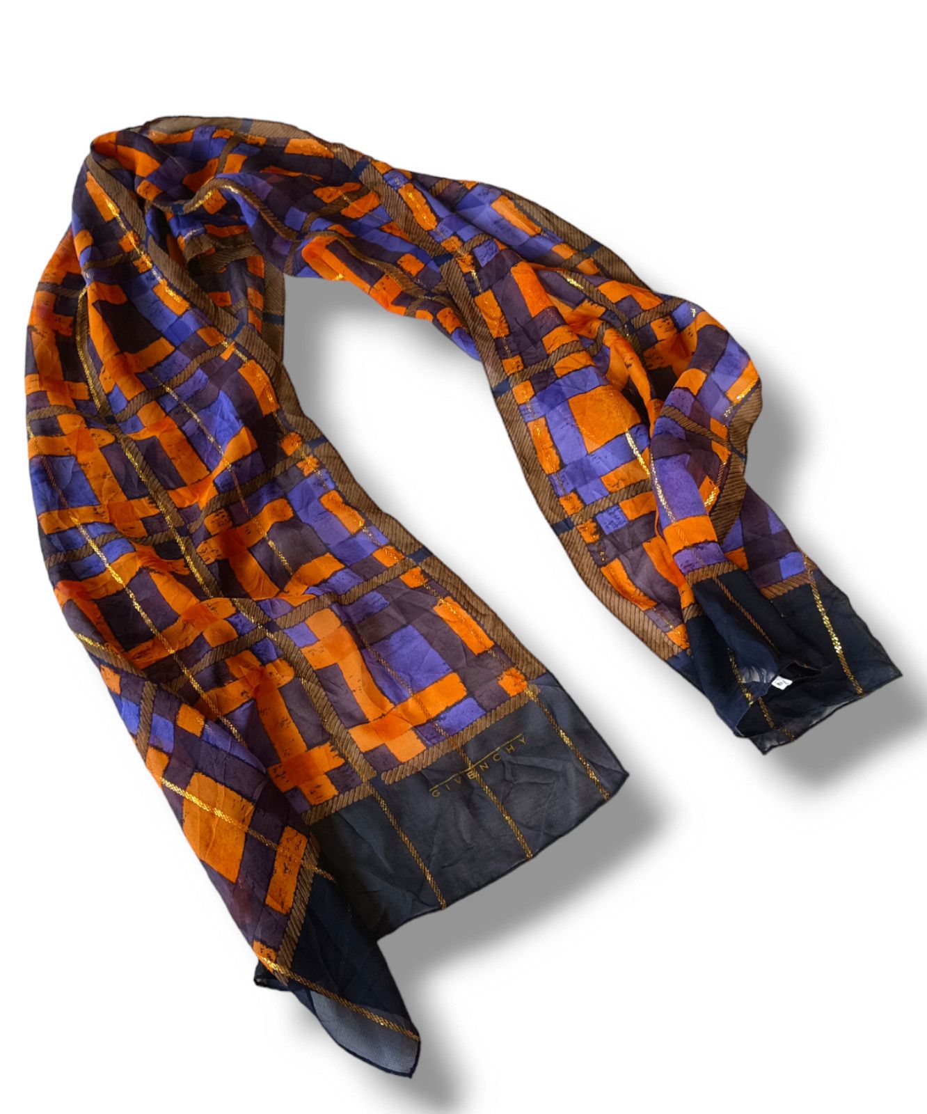 Givenchy GIVENCHY PARIS Monogram Geometric Plaid Orange Silk Scarf Size ONE SIZE - 1 Thumbnail