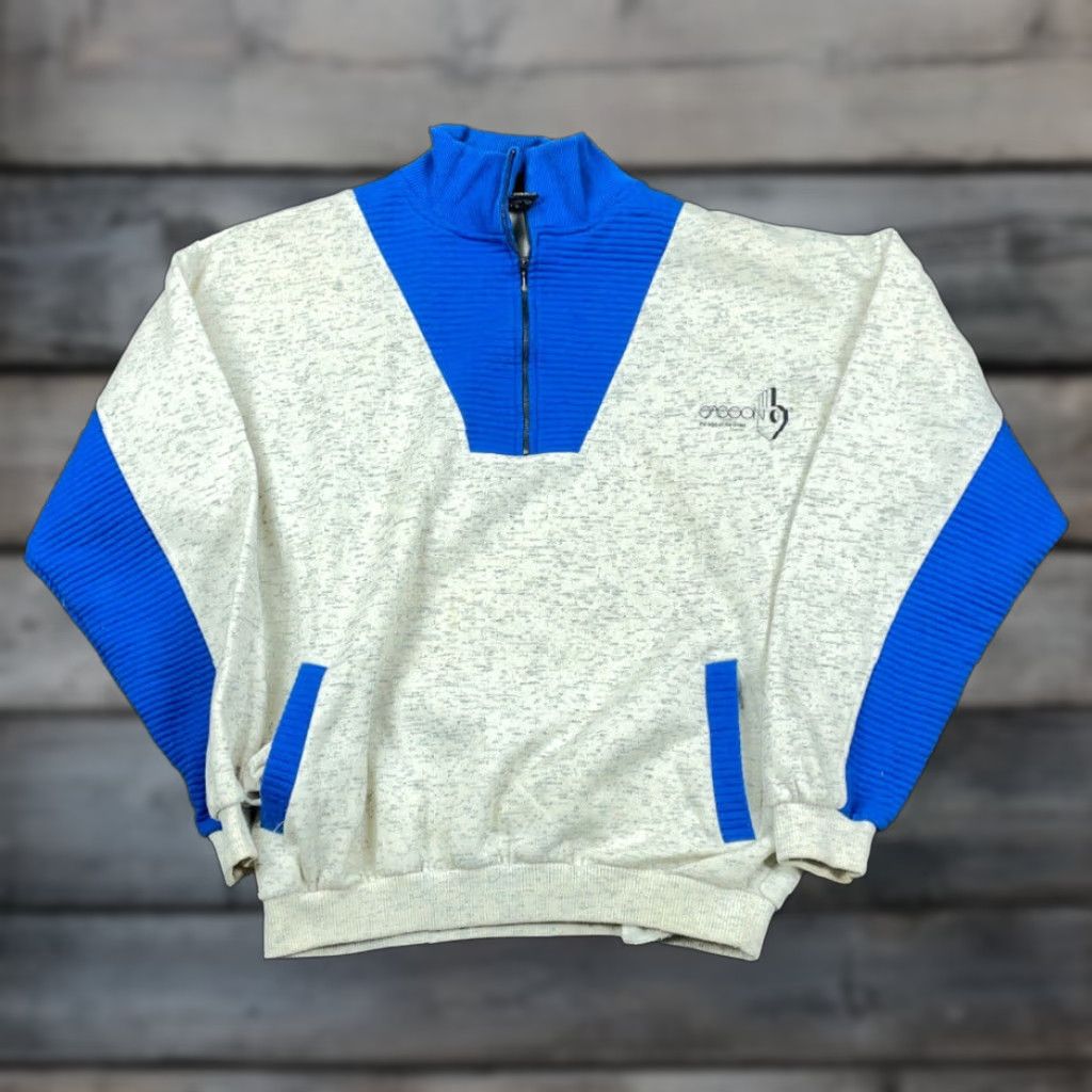 Vintage VINTAGE 1/4 ZIP Sweatshirt Sign of Times Gray Blue 90s Distressed Men XL High Neck Pullover Cotton Blend Graphic Print Size US XL / EU 56 / 4 - 1 Thumbnail