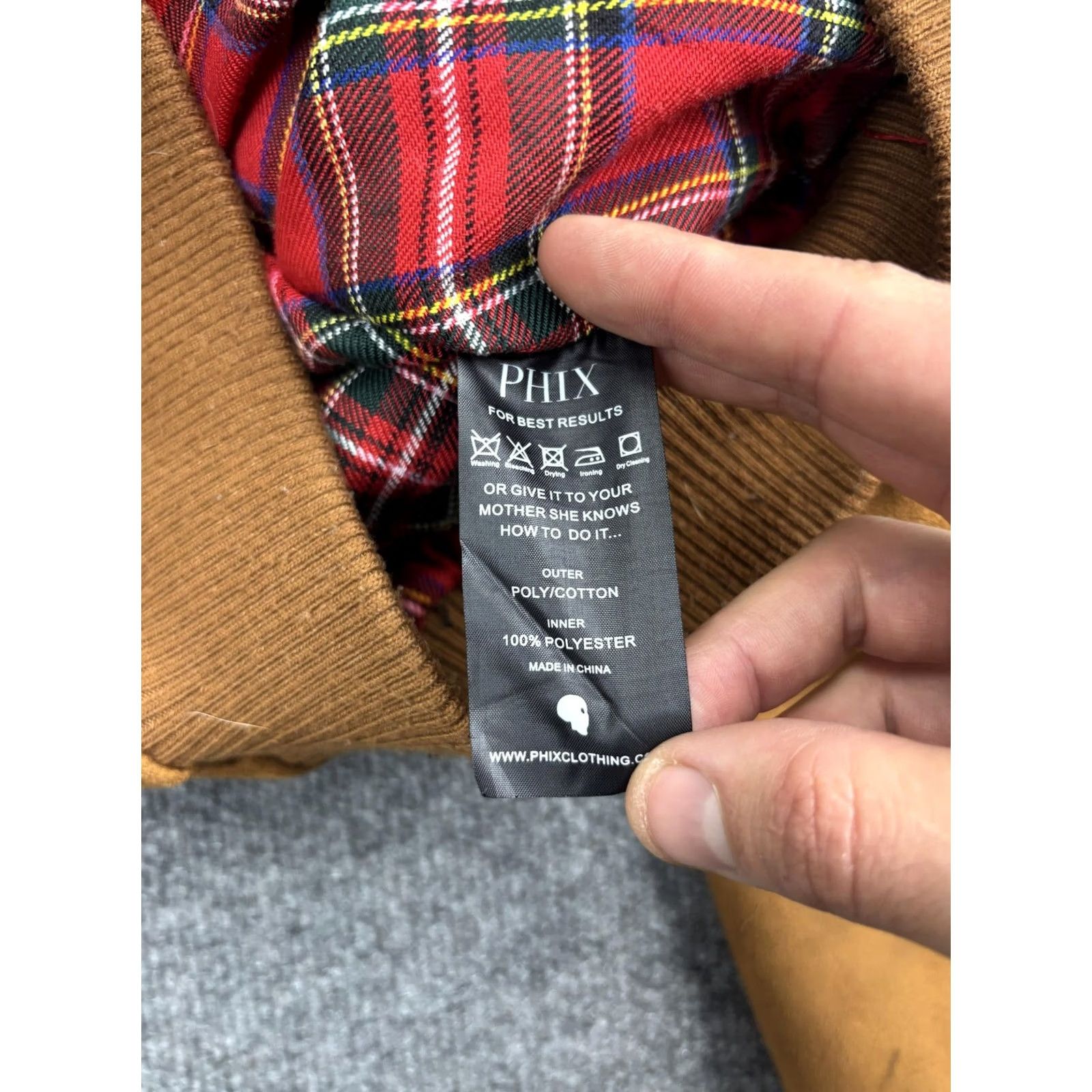 Vintage PHIX Jacket Mens Large Brown Faux Suede Bomber Full Zip Lined Plaid Trim Ribbed Collar Pockets Size US L / EU 52-54 / 3 - 6 Thumbnail