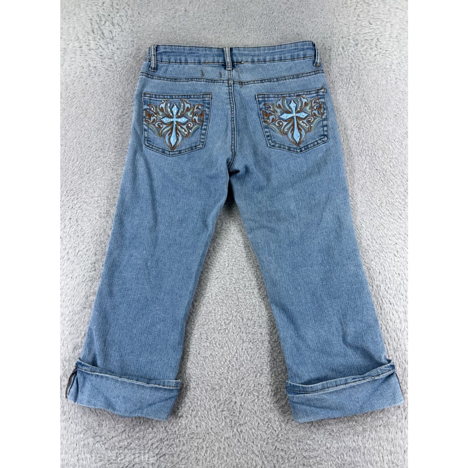 Denime Joyful Jeans Womens 5 Blue Denim Capri Embroidered Embellished Cross Size 27" / US 4 / IT 40 - 3 Thumbnail