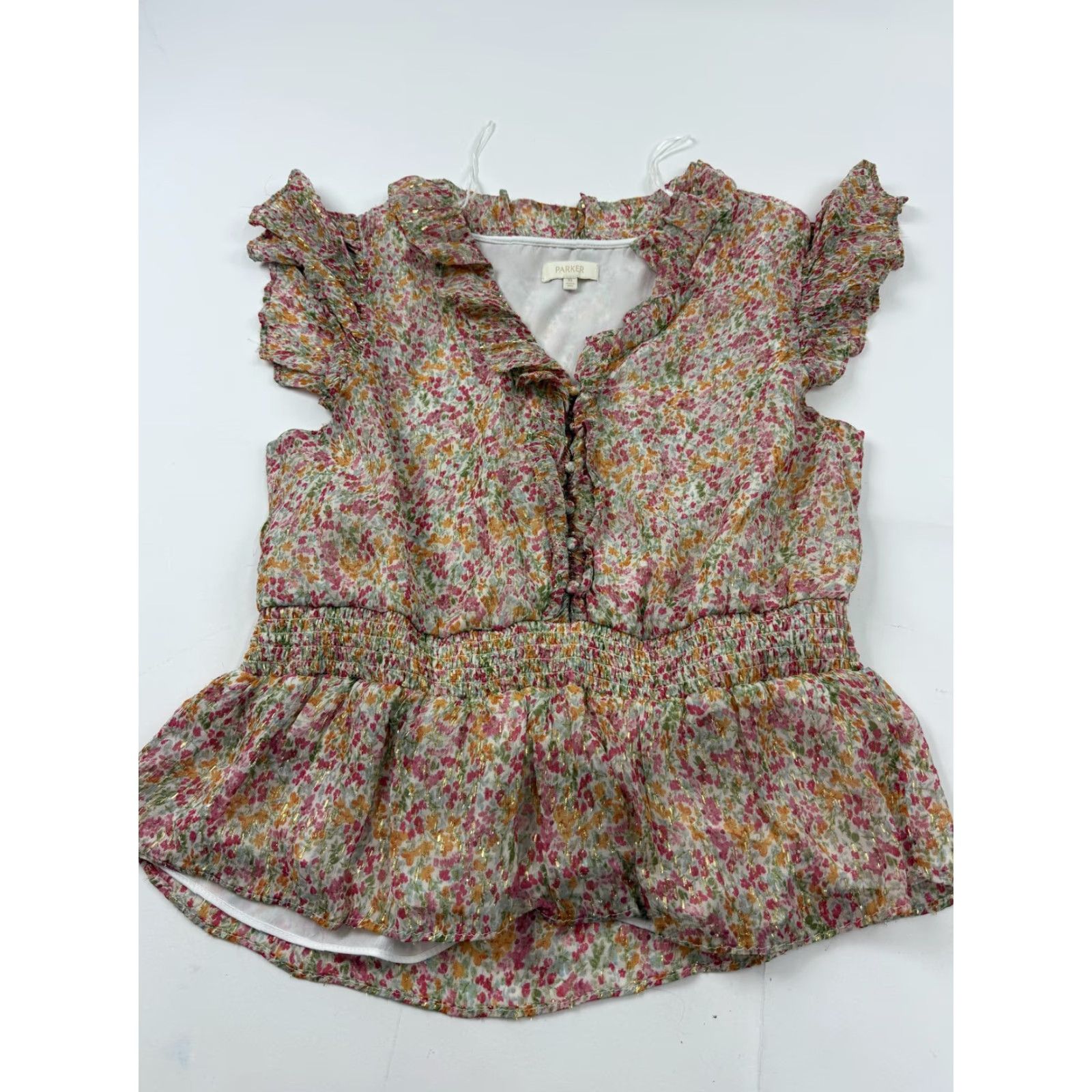Parker Parker Blouse Womens XL Multicolor Floral Peplum V-Neck Flutter Sleeve Ruffle Button Tuck Chiffon Size XL / US 12-14 / IT 48-50 - 2 Thumbnail
