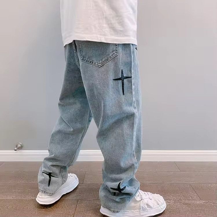Jean Men's loose wide-leg sticker embroidery design jeans Size US 31 - 9 Thumbnail