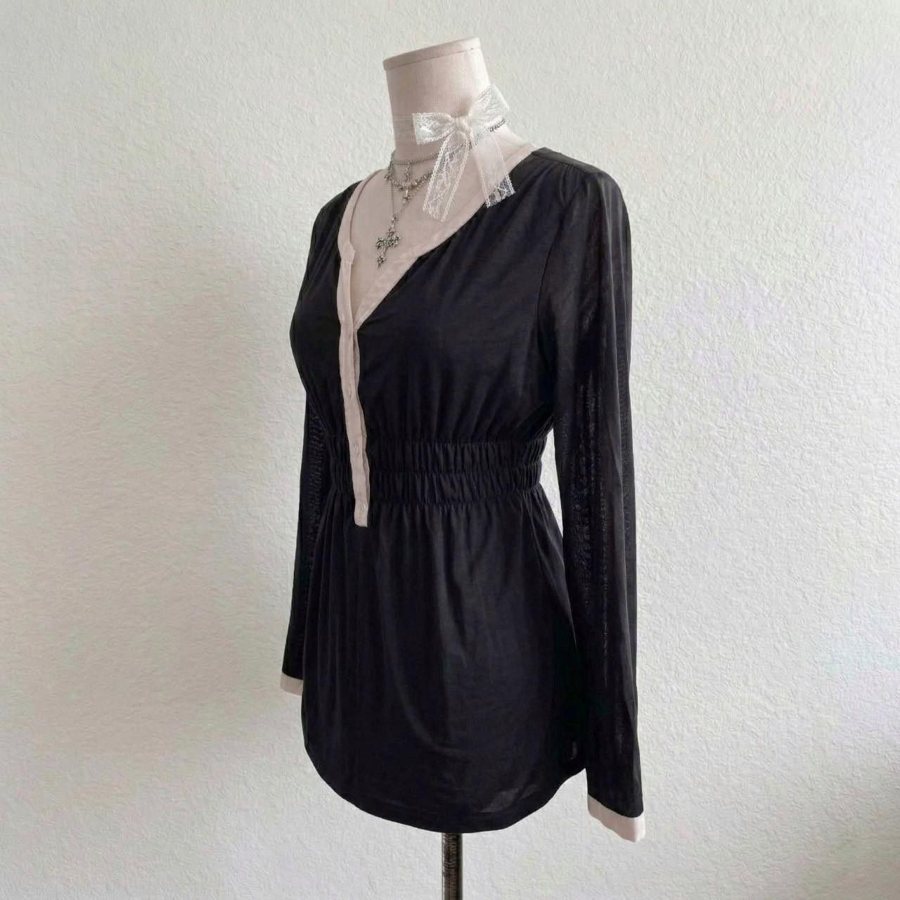 Vintage Black longsleeve blouse, cinched elasticated waist, Comma Size S / US 4 / IT 40 - 2 Thumbnail