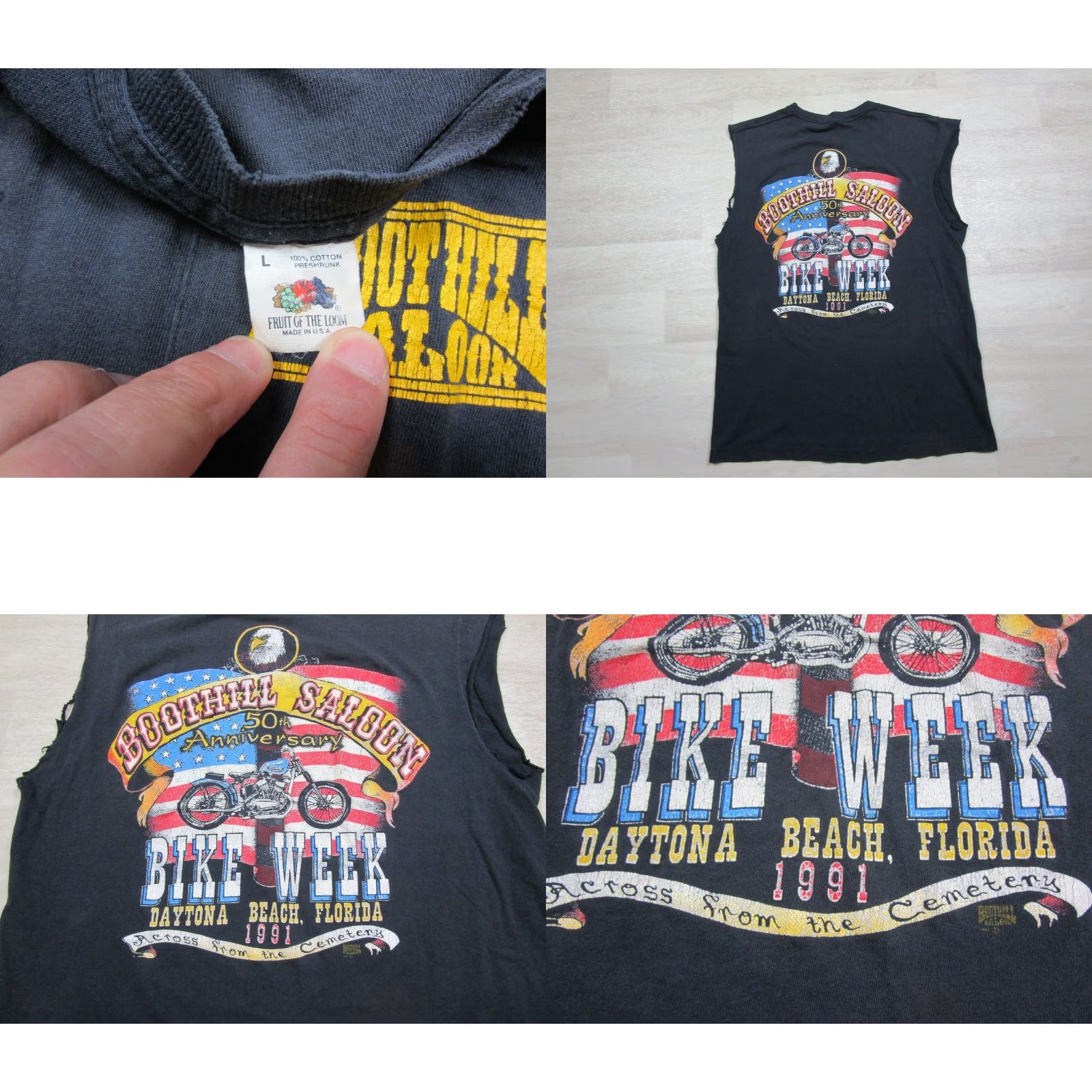 VINTAGE Boothill Saloon Daytona Beach 90s Graphic Pocket T Shirt (L) Motorcycle Shirt Men Black Cotton