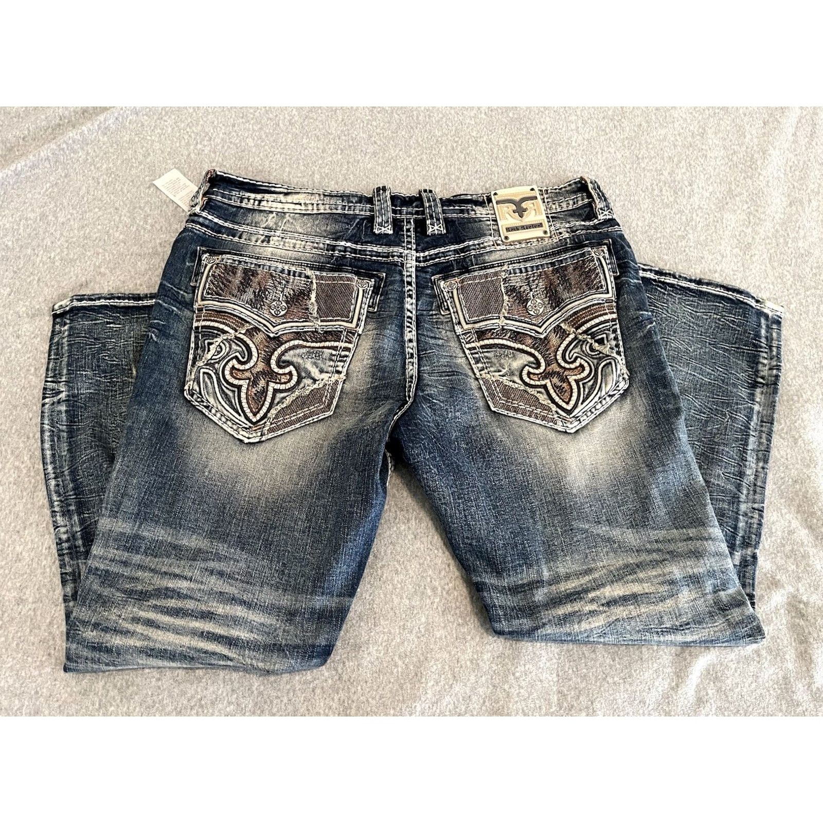 Vintage Rock Revival Jeans Mens 42x31 Distressed Straight Denim Blue NWT Size US 42 / EU 58 - 5 Thumbnail
