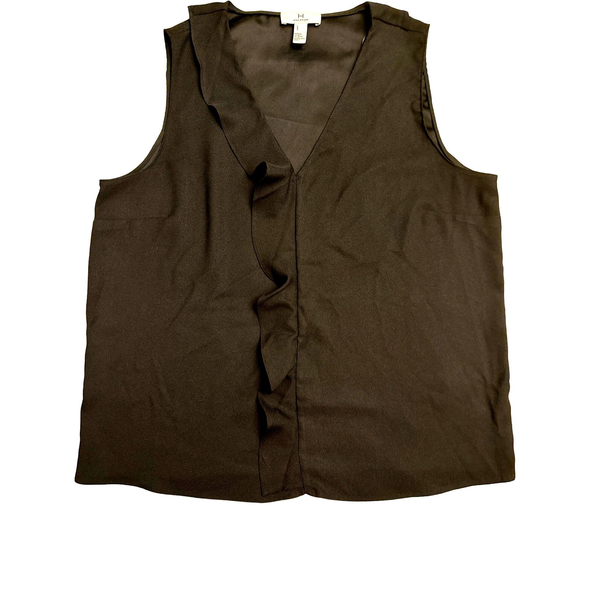 Halston Halston Womens Black Sleeveless V Neck Blouse With Ruffle Tr Size L / US 10 / IT 46 - 4 Thumbnail