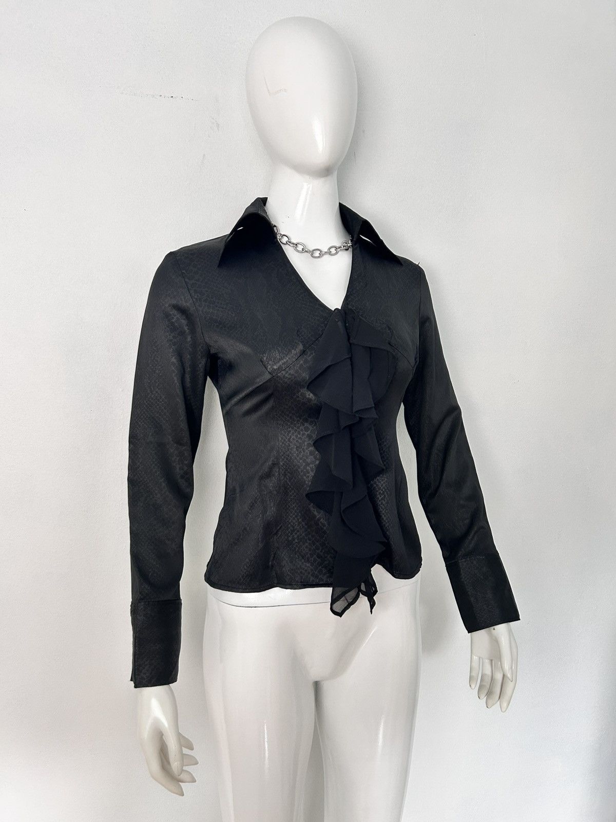 Vintage Vintage Y2K Black Ruffle Top Snake Skin Pattern Shirt Size M / US 6-8 / IT 42-44 - 3 Thumbnail