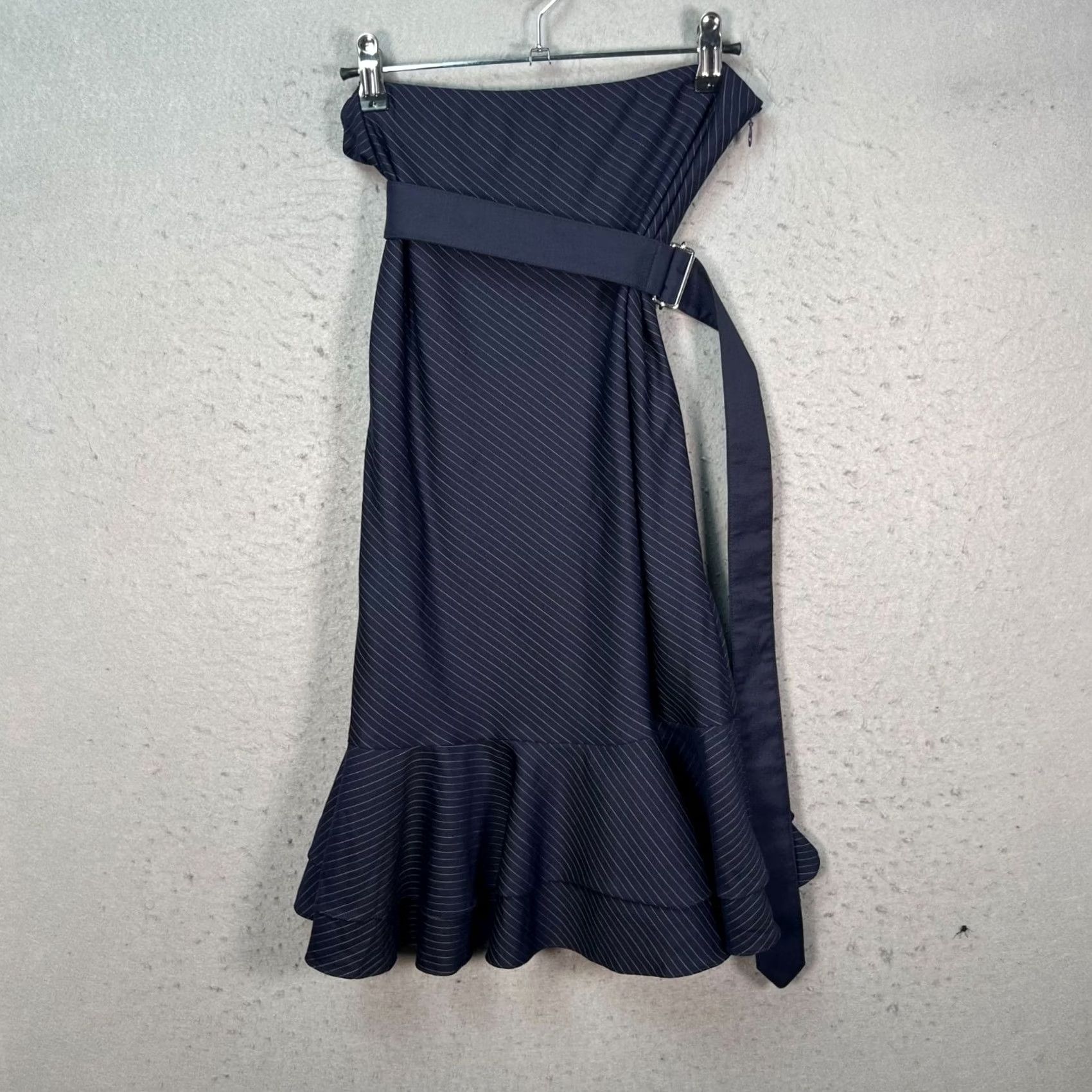 Ralph Lauren Ralph Lauren Womens 6 Navy Blue Pinstripe Ruffle Midi Dress Belt Party Cocktail Dress Size M / US 6-8 / IT 42-44 - 2 Thumbnail