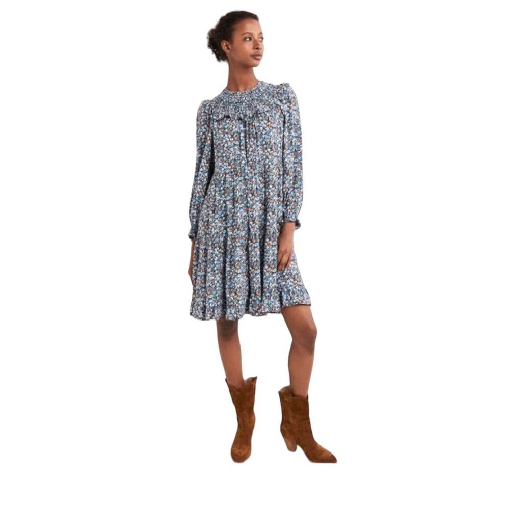Boden Boden Ditsy Floral Smocked Yoke Blue Mini Dress size 4L Size S / US 4 / IT 40 - 1 Thumbnail