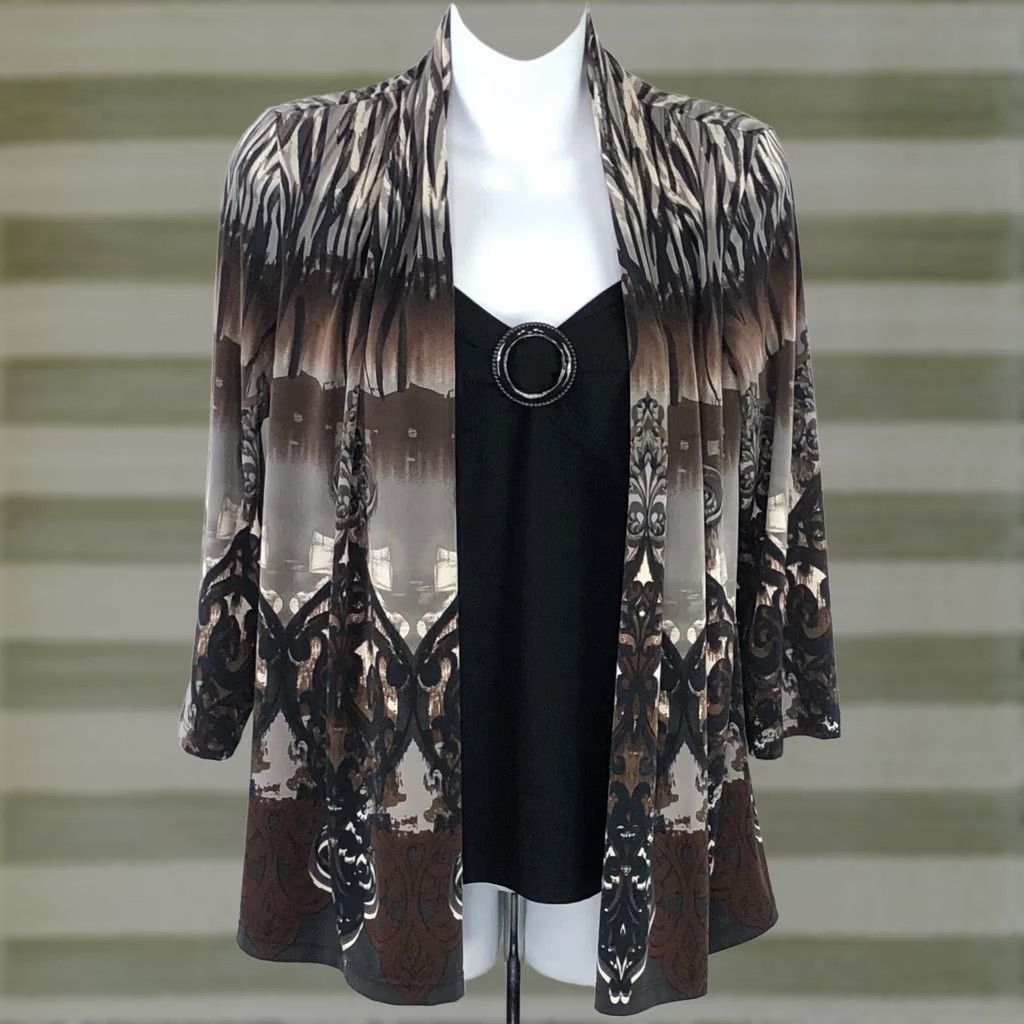 Vintage Notations Combo Cardigan Knit Top S Brown Gray Geo Open empire 3/4 Sleeve office Shirt Women Adult XS-? Size S / US 4 / IT 40 - 1 Thumbnail