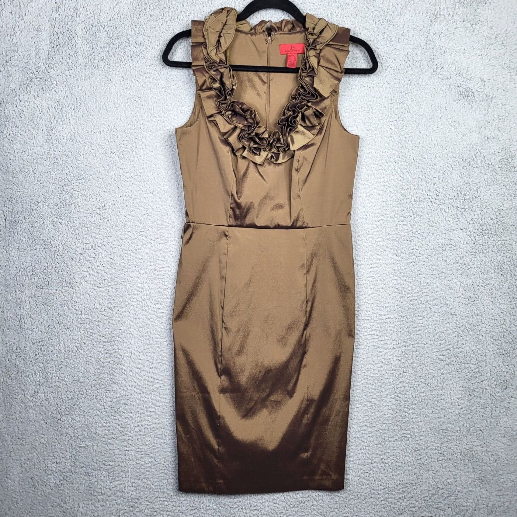 Vintage JS Collections Women's A-Line Dress Brown 8 Ruffle Sleeveless Round Neck Casual Vintage? No (Adult) Mens? Womens? Size M / US 6-8 / IT 42-44 - 2 Thumbnail