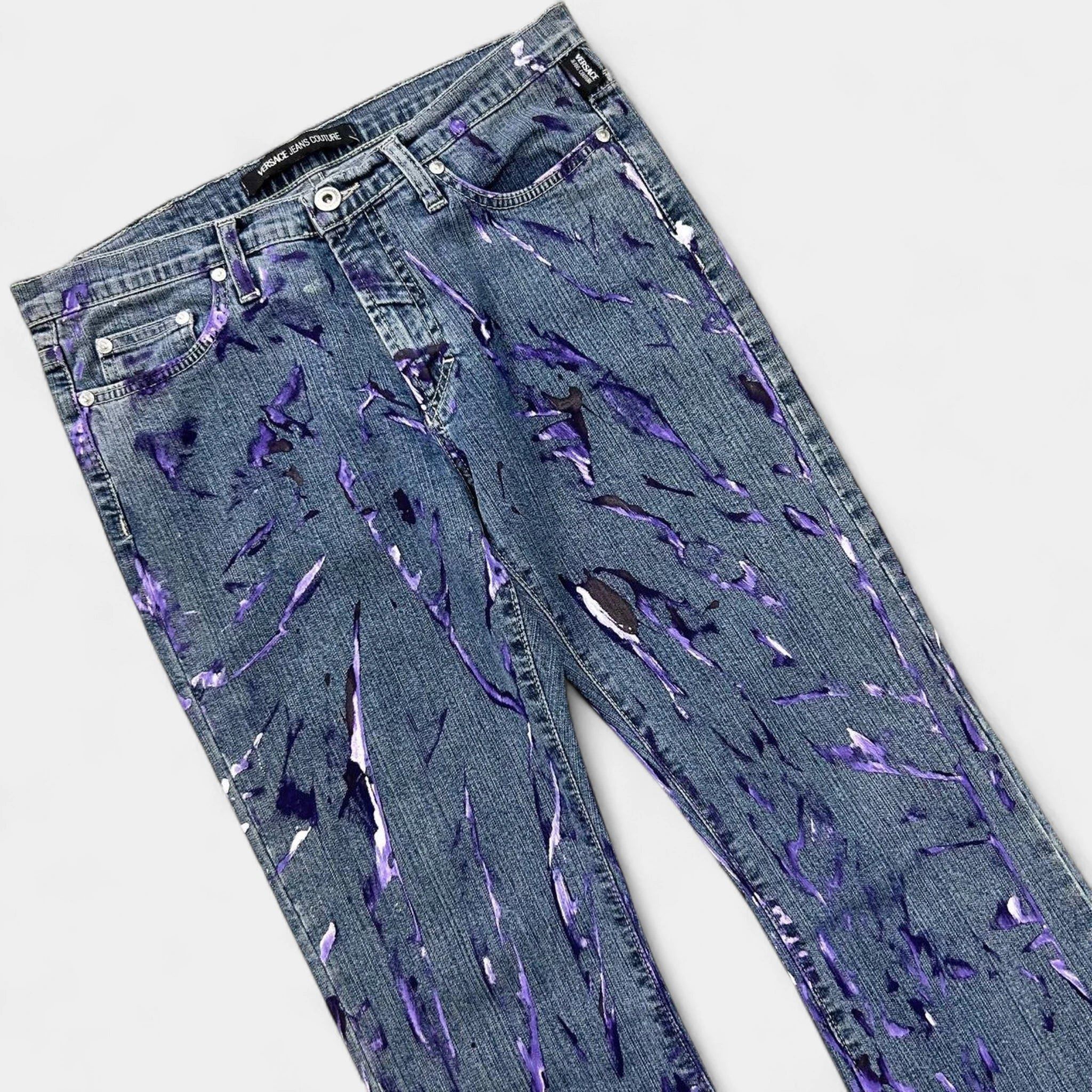 Versace Versace Jeans Couture 2000s Blue Painted Denim Flared Pants Size 27" / US 4 / IT 40 - 2 Thumbnail