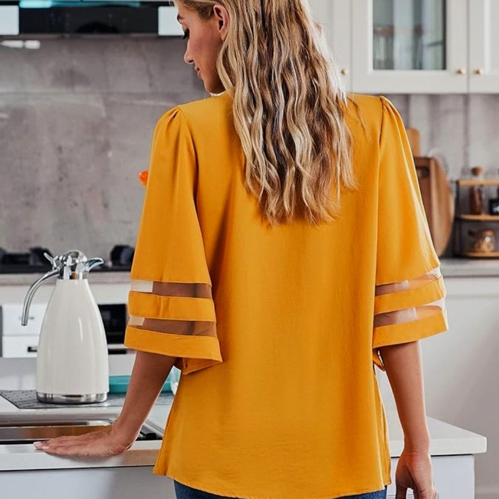 Other Casual V Neck 3/4 Bell Sleeve Mesh Panel Blouse Golden XL Size XL / US 12-14 / IT 48-50 - 3 Thumbnail