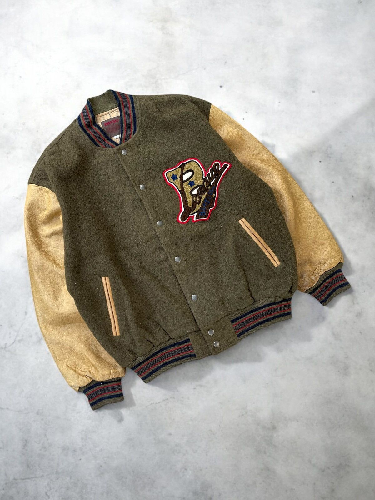 Hysteric Glamour × Japanese Brand × Vintage 🔥Vintage Ba-tsu Japan Leather Sleeve Varsity Jacket Size US L / EU 52-54 / 3 - 1 Thumbnail
