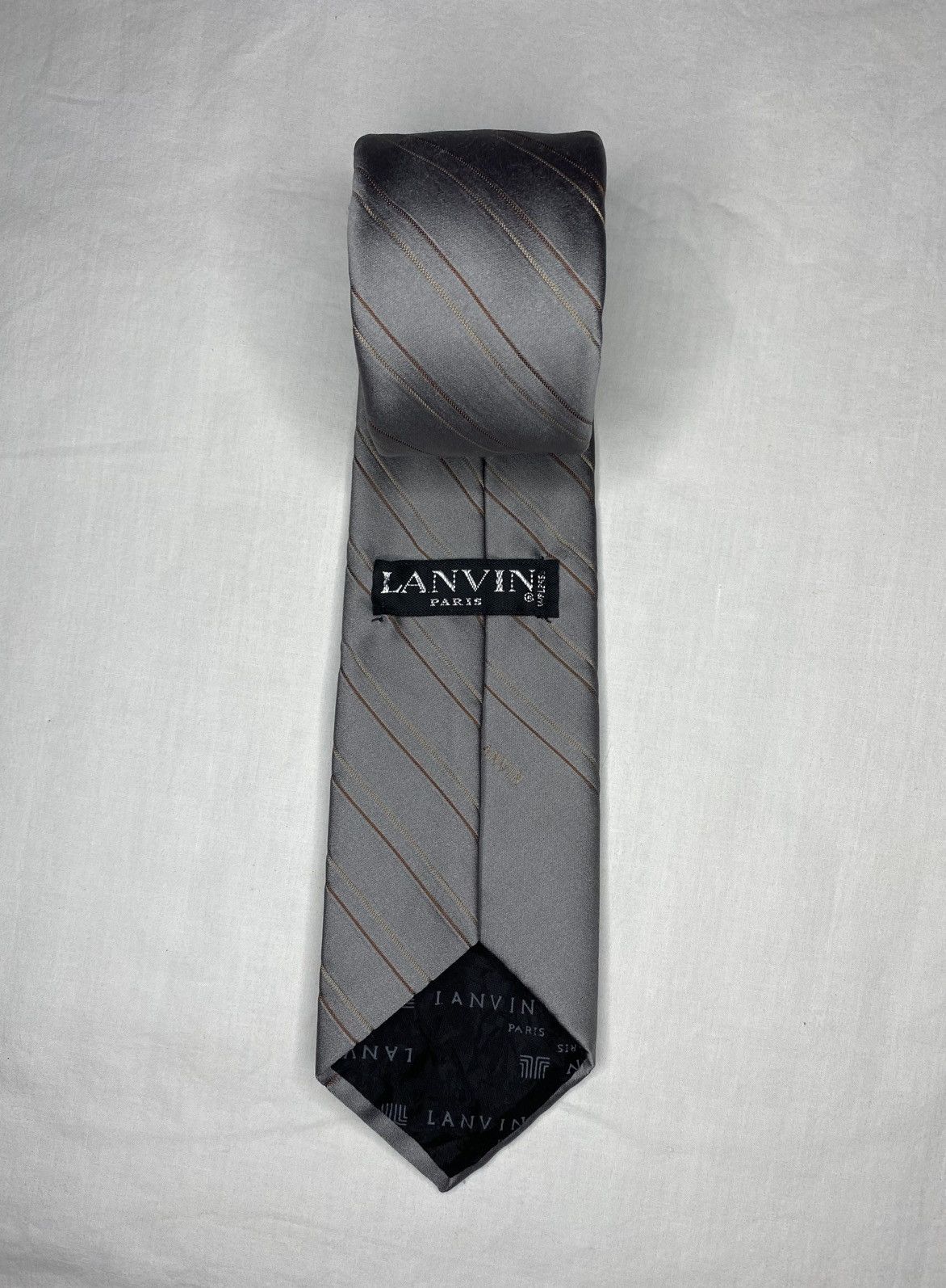 Lanvin Lanvin Paris Silk Necktie Silver Diagonal Striped Designer Size ONE SIZE - 1 Thumbnail