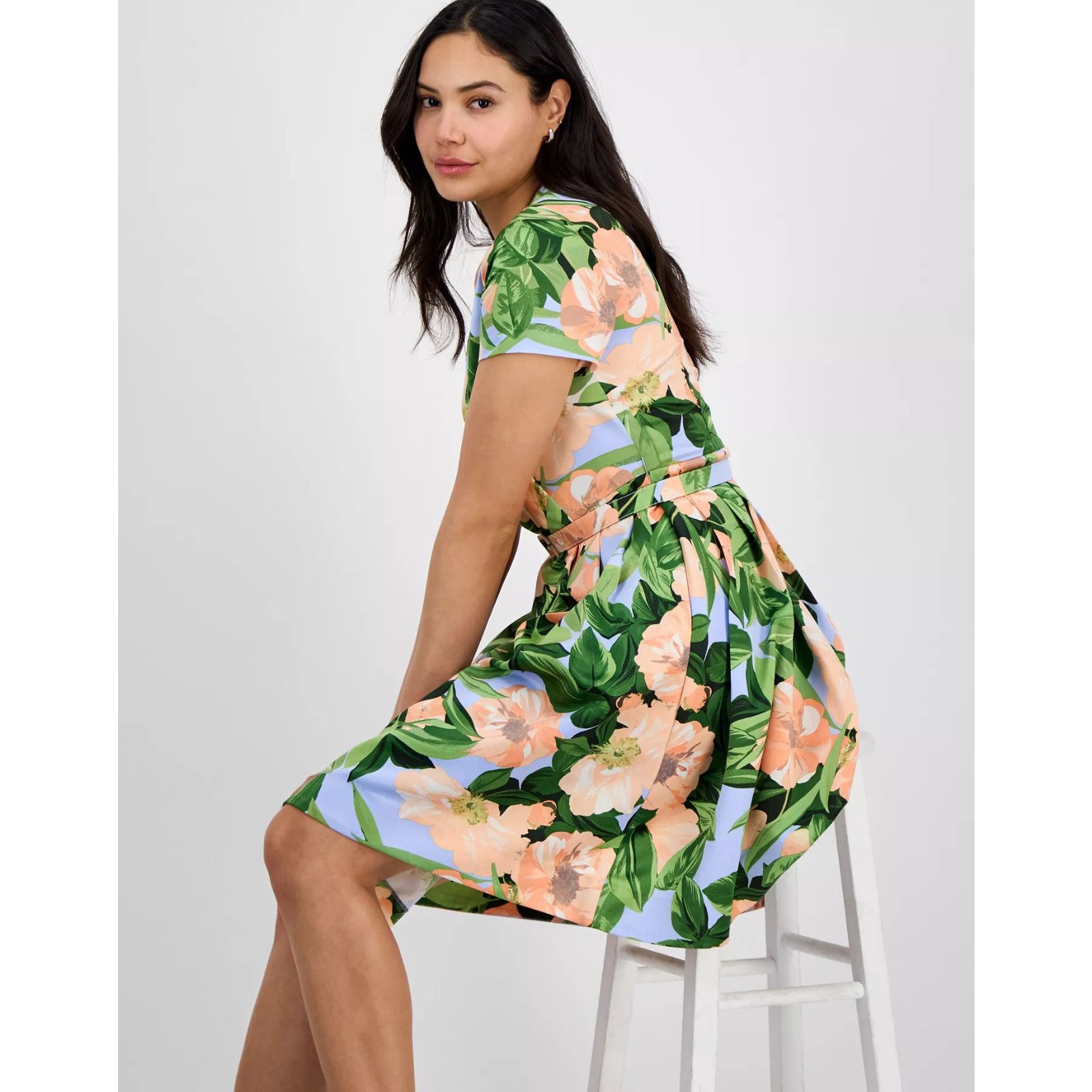 Other Tahari ASL Fit Flare Pleated Dress Peach Magnolia Floral Size XL / US 12-14 / IT 48-50 - 3 Thumbnail