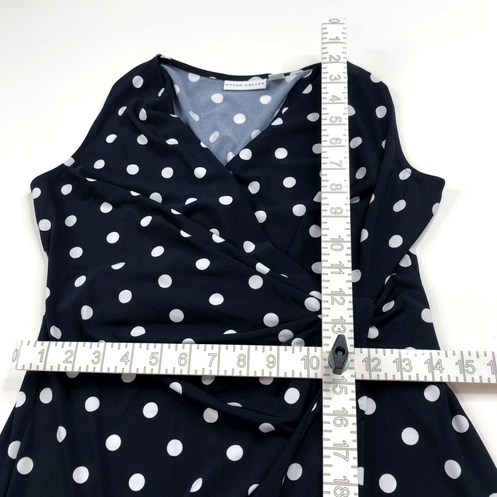 Vintage Susan Graver Polka Dot Blue Faux Wrap Dress Pettite XSP Sleeveless V-Neck A-Line Knee Length Womens PXS MINT Size XS / US 0-2 / IT 36-38 - 7 Thumbnail