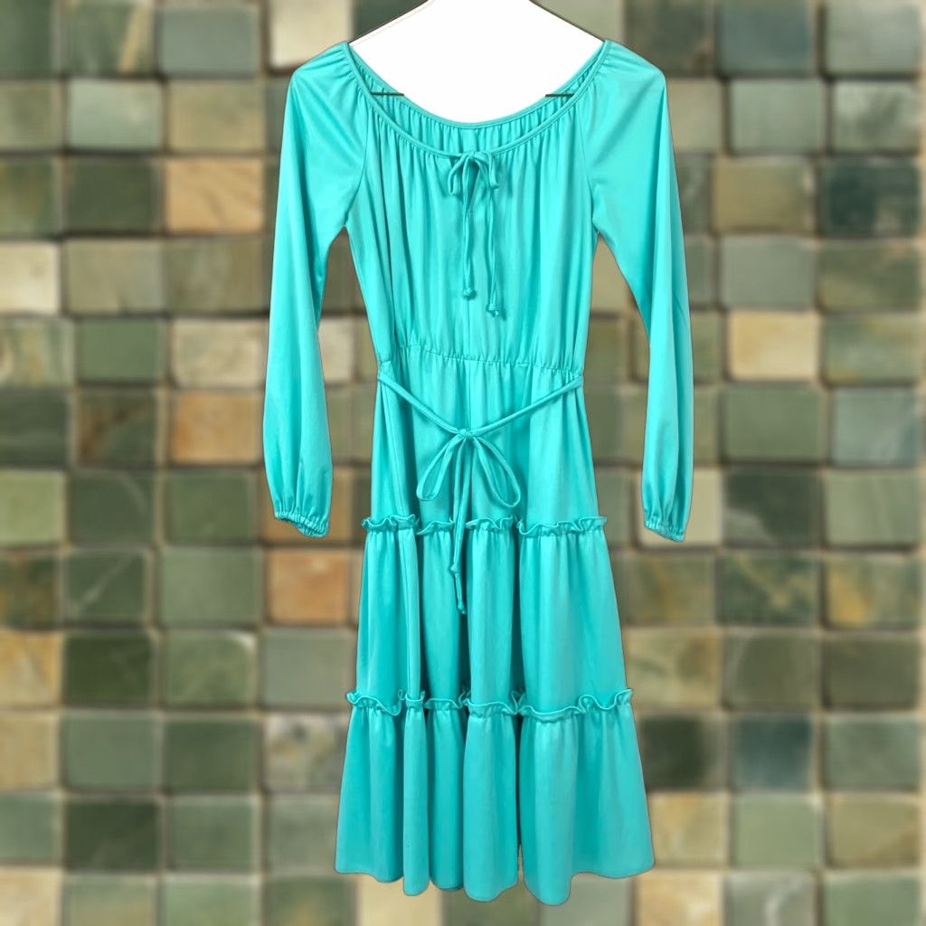 Vintage Vintage Handmade Boho Festival Off Shoulder Hippy Tiered Dress 29"  Chest 14.5" Waist 41" Length Blue 1960s Womens | Grailed