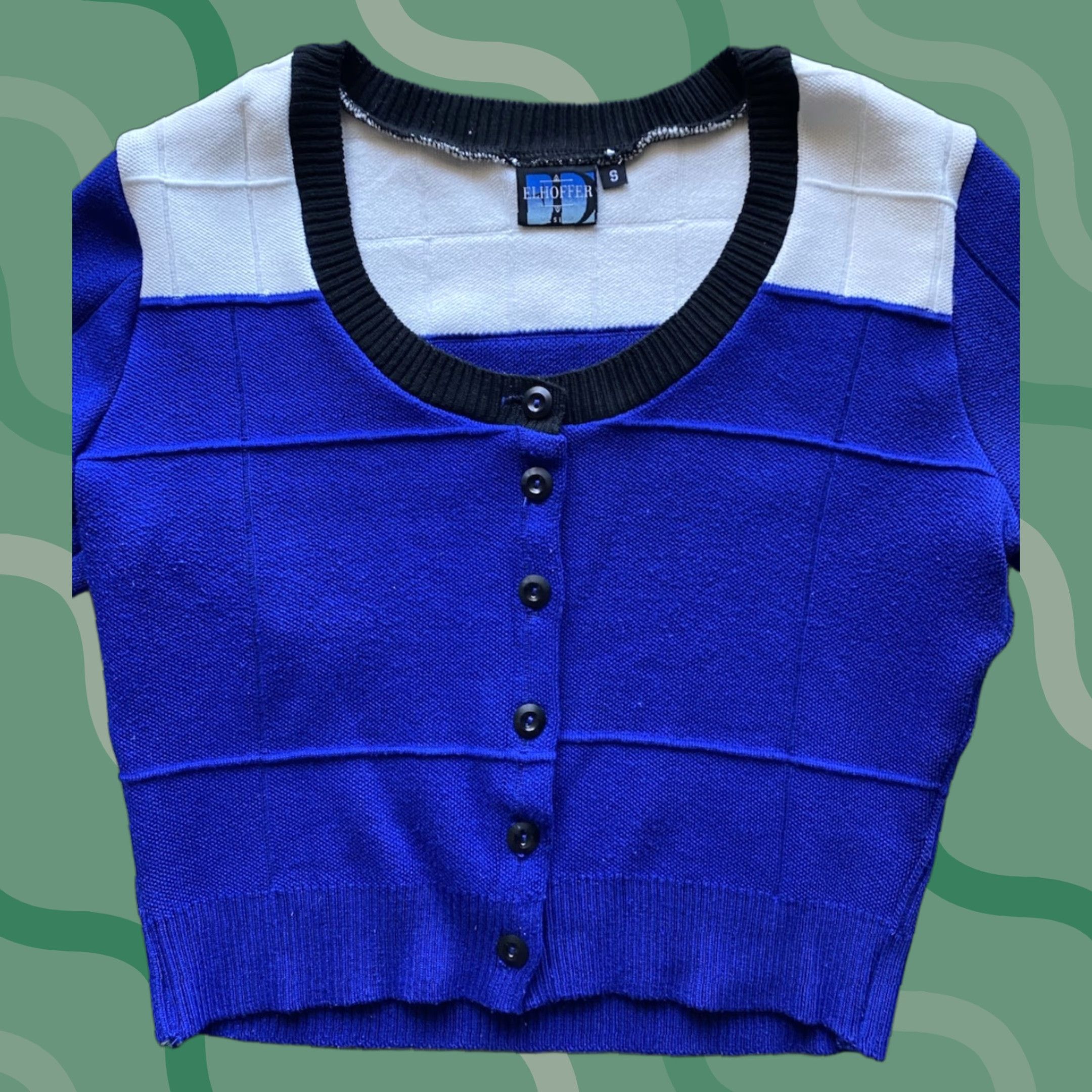 Vintage VINTAGE Elhoffer Design WOMENS SMALL Cropped Sweater Cardigan Blue White Made In USA Womens Small Cardigan USA Theme 90s? Size S / US 4 / IT 40 - 1 Thumbnail