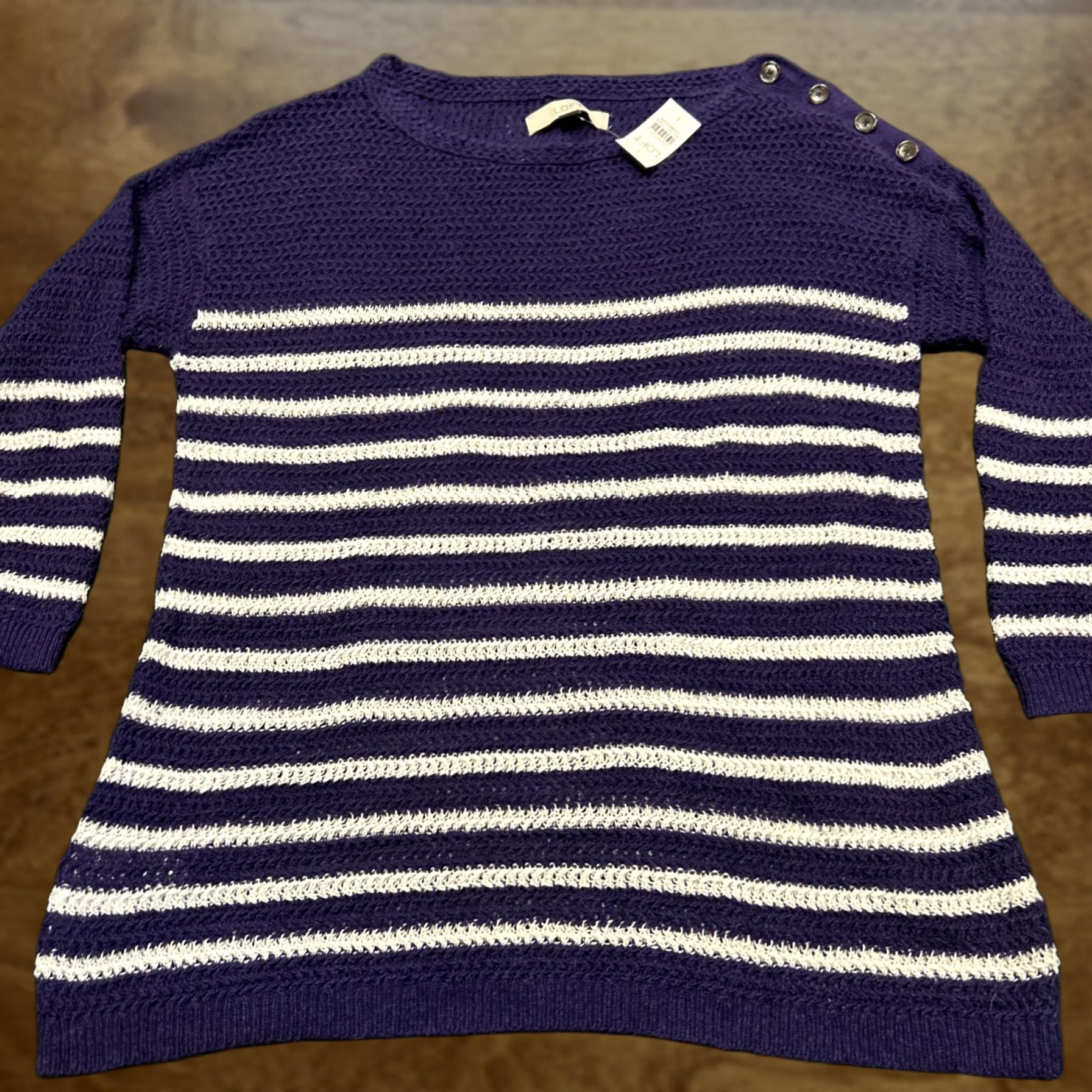 Loft LOFT Womens Sweater L Purple White Striped Knit Linen Cotton NWT A18 Pullover 3/4 Sleeve Modern Classic Mens? Size L / US 10 / IT 46 - 1 Thumbnail