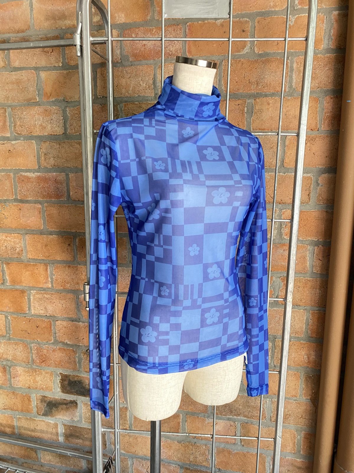 Japanese Brand Blue Sheer Checkered Floral Turtleneck Top Size S / US 4 / IT 40 - 2 Thumbnail