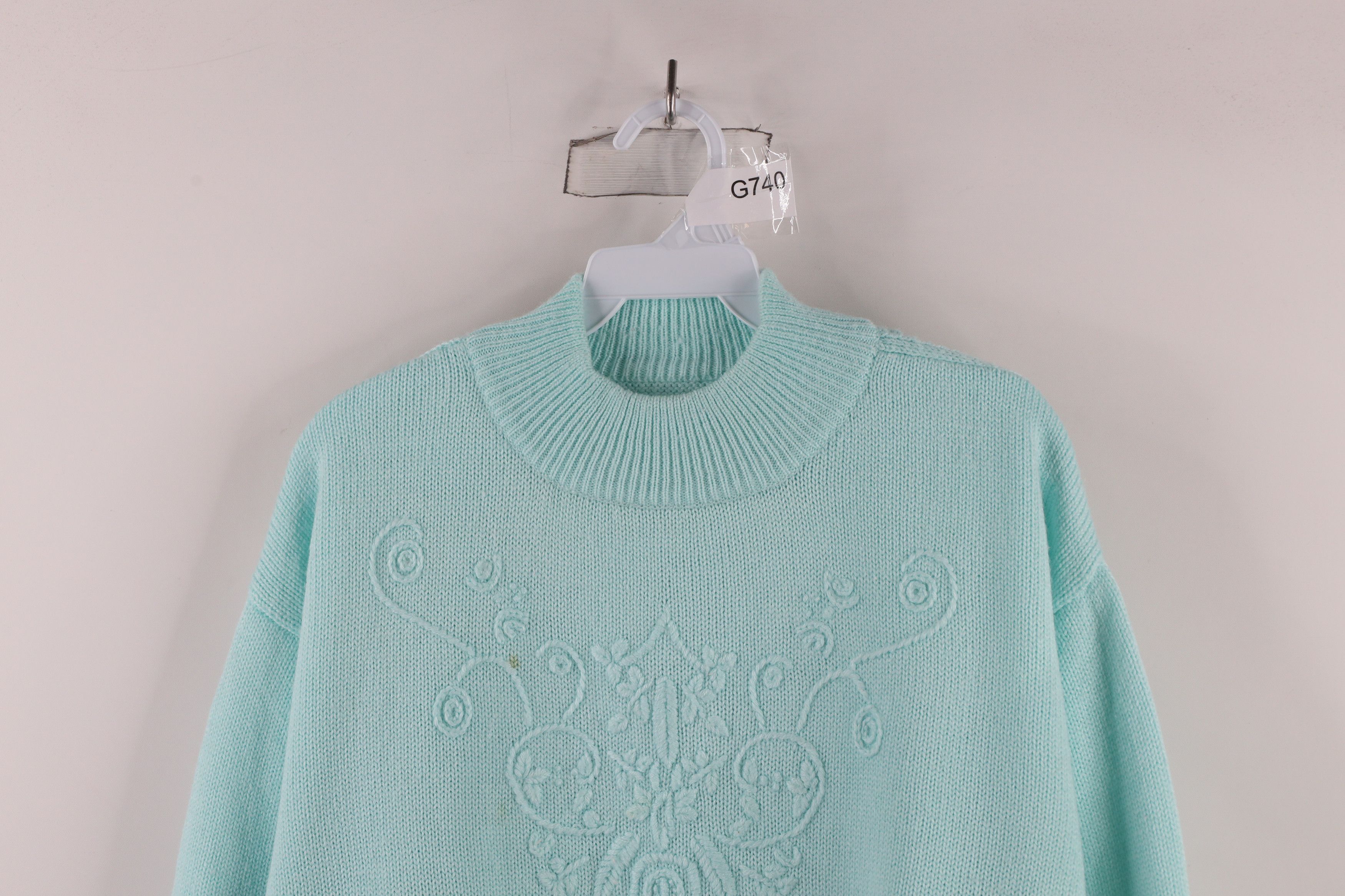 Vintage Vintage 90s Streetwear Flower Knit Mock Neck Sweater Blue Size XL / US 12-14 / IT 48-50 - 2 Thumbnail