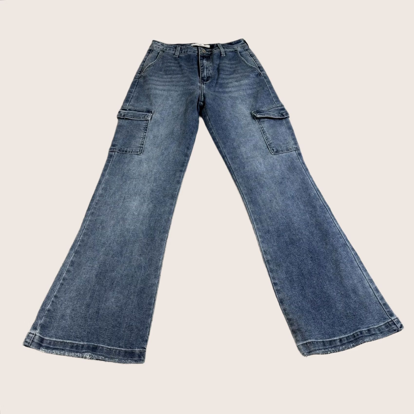 Vintage KanCan Jeans Juniors 3/25 Blue Med Wash High Rise Wide-Leg Cargo Denim Stretch Jeans Womens Size 26" / US 2 / IT 38 - 1 Thumbnail