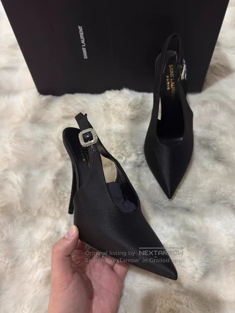 Saint Laurent Paris Saint Laurent Paris Black Crystal Satin High Heels Size US 5.5 / IT 35.5 - 4 Thumbnail