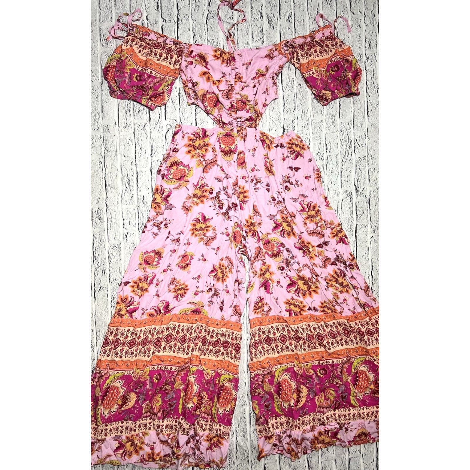 Free People Free People Jumpsuit Women's Casual One-Piece Short Sleeve Pink Bali Citrus Skies Cutout L Size 36" / US 14 / IT 50 - 4 Thumbnail
